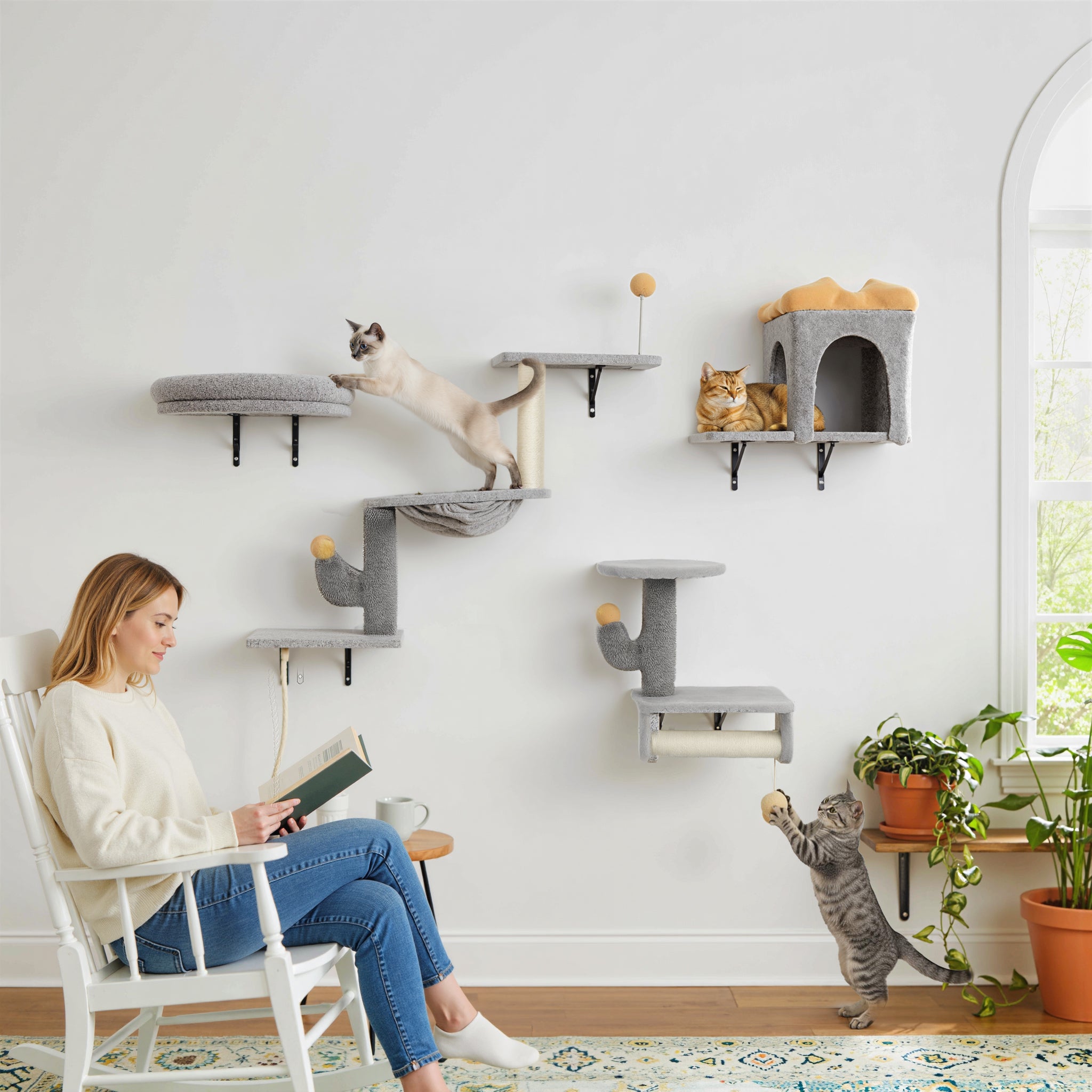 pawhut-parcours-mural-chat-4-pi-ces-niche-hamac-lit-gris-clair image 3