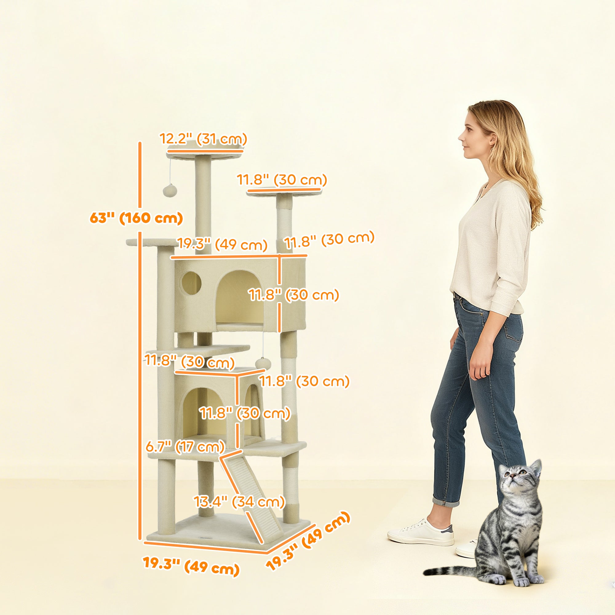 pawhut-arbre-chat-160-cm-avec-condos-lit-rampe-et-griffoirs-blanc-cr-me image 5