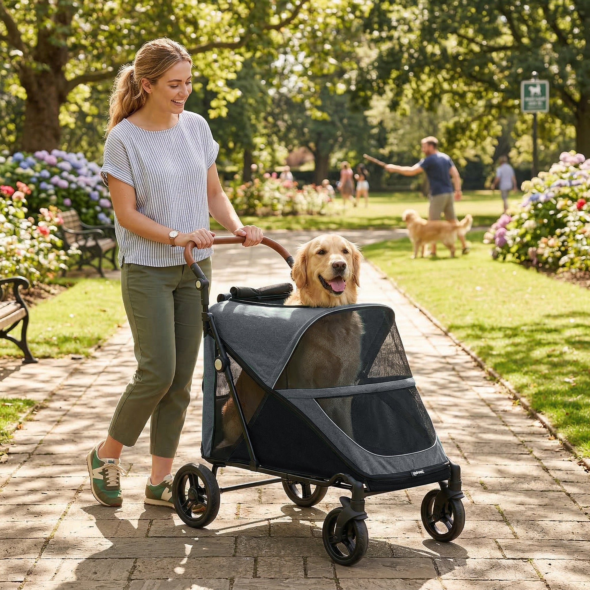 pawhut-poussette-pour-grands-chiens-pliage-une-main-poign-e-r-glable-grise image 3