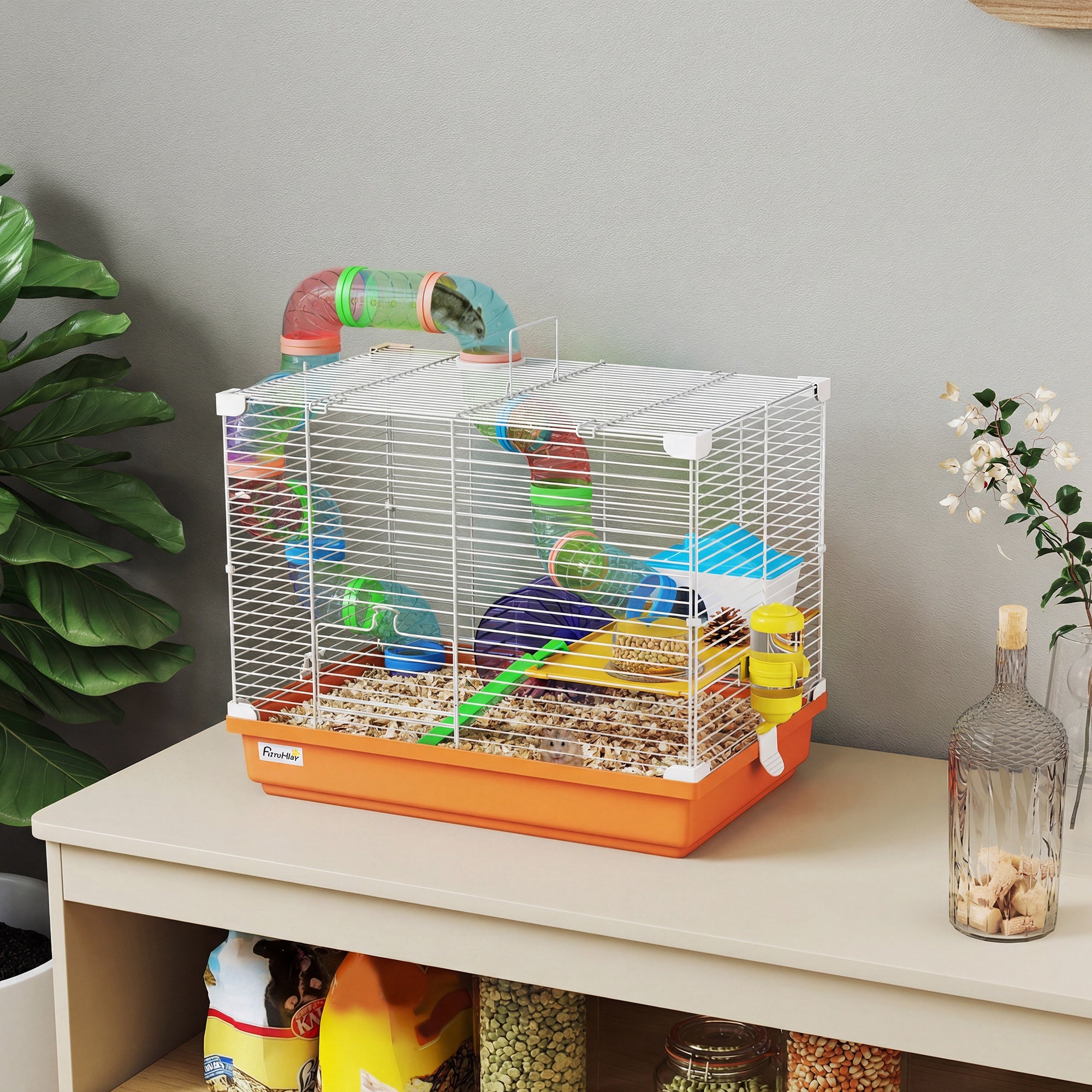 pawhut-cage-hamster-2-niveaux-18-avec-tunnels-et-accessoires-orange image 3