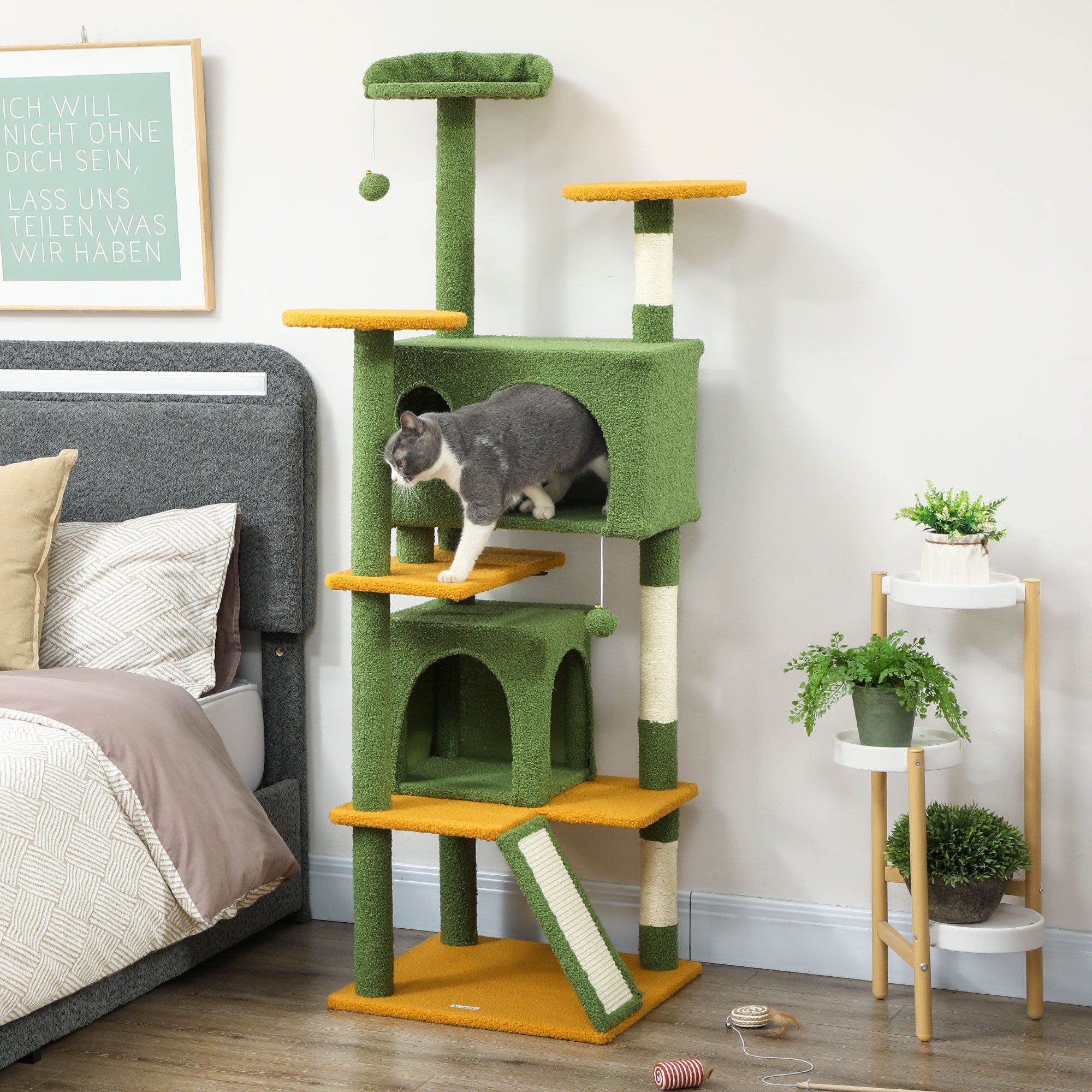pawhut-arbre-chat-63-pouces-vert-avec-2-niches-lit-rampe-et-griffoirs image 4