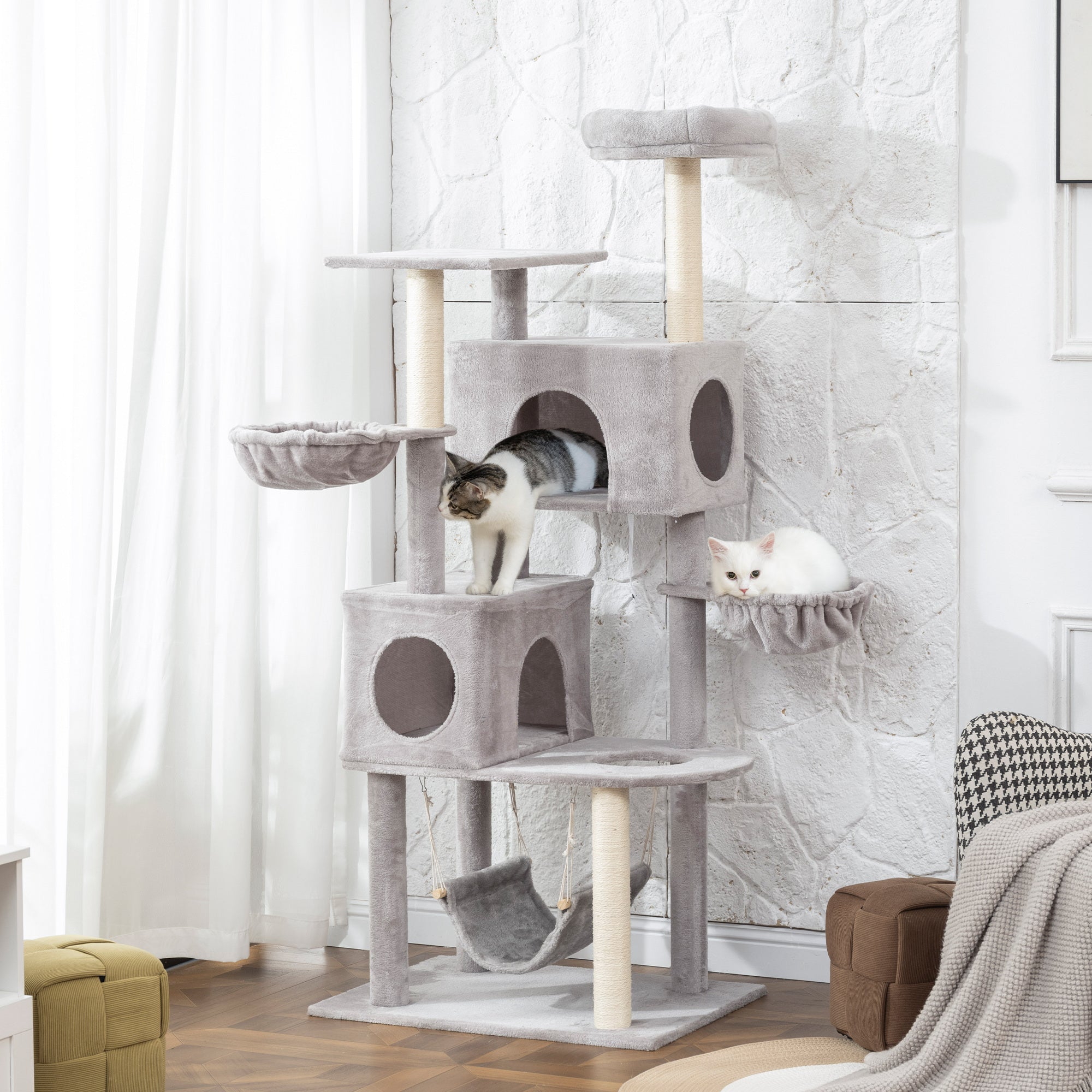 pawhut-arbre-chat-66-avec-2-niches-3-hamacs-et-perchoir-gris-clair image 4