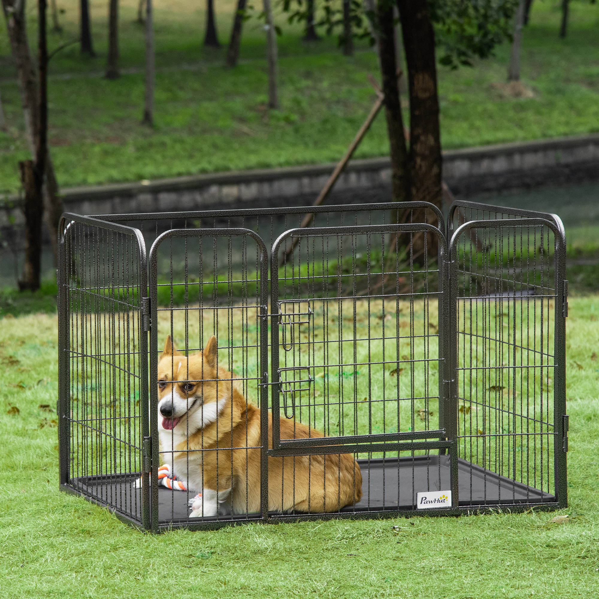 pawhut-parc-pour-chien-4-panneaux-avec-porte-et-plateau-gris-int-rieur-ext-rieur image 3