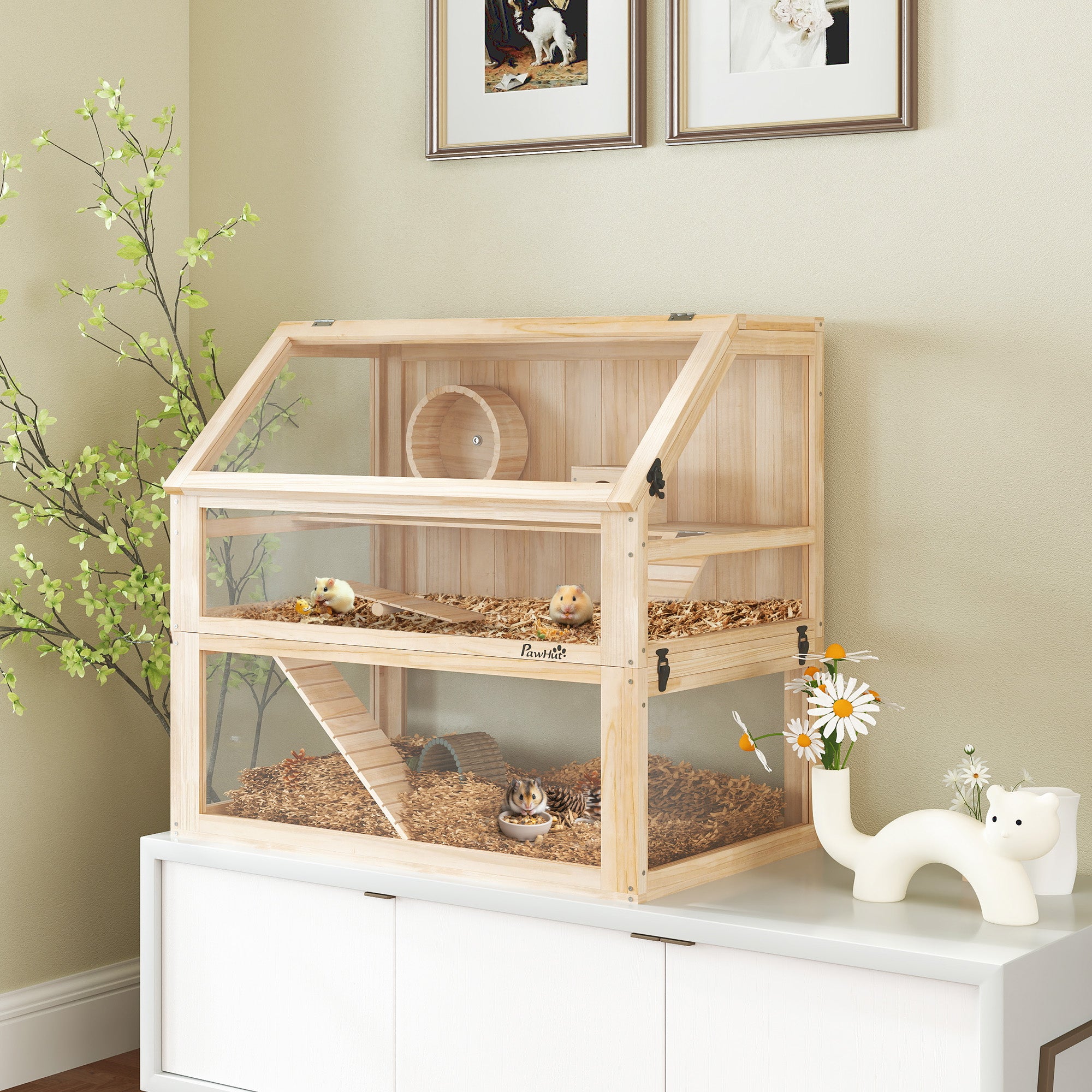 pawhut-cage-pour-hamster-en-bois-3-tages-avec-roue-maison-et-rampes-80-x-50-x-76 image 3