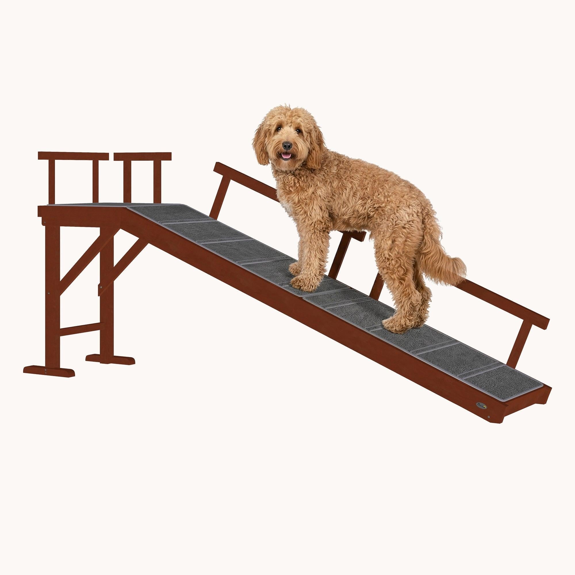 pawhut-rampe-chien-185-cm-pour-lit-et-canap-avec-barri-res-marron image 1