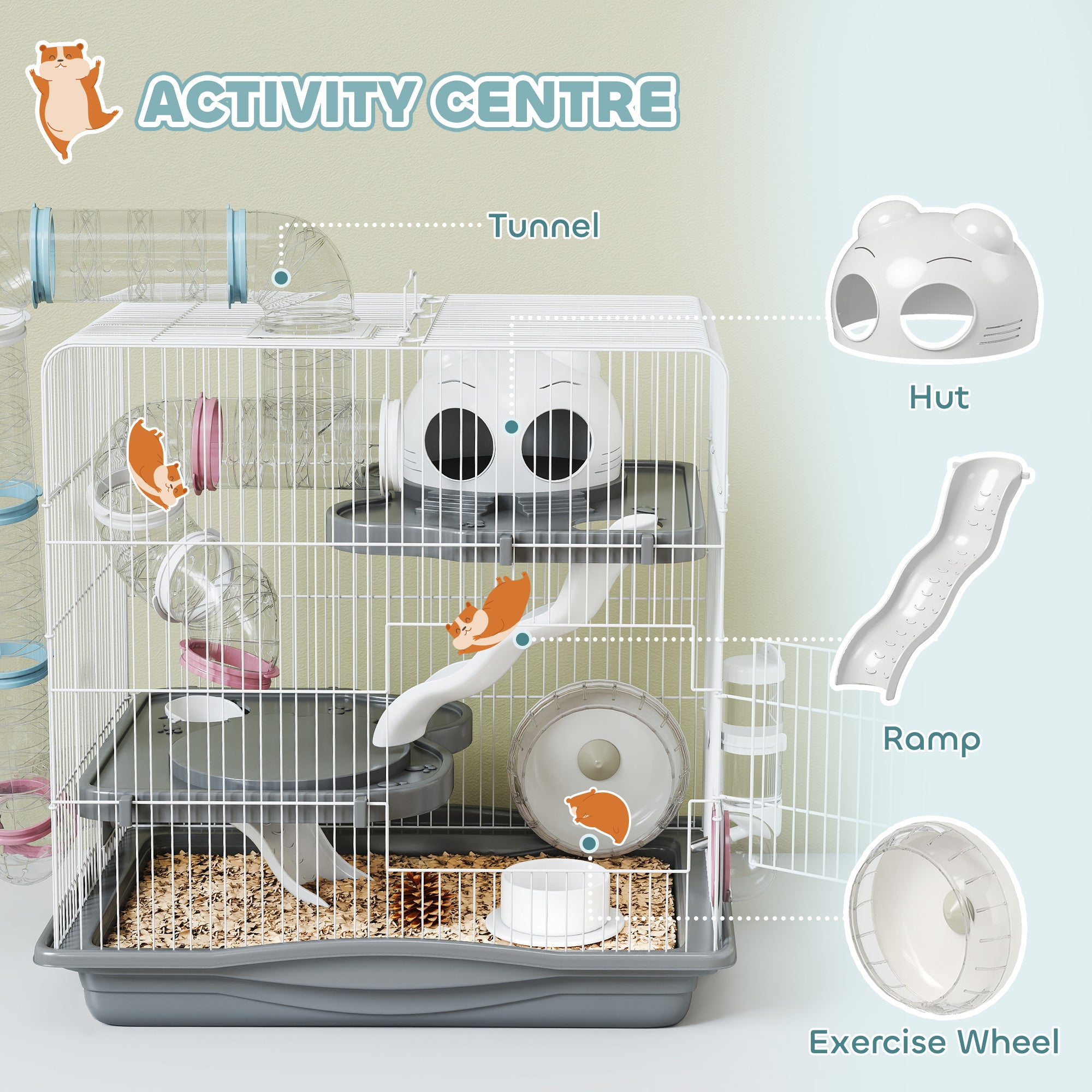 pawhut-cage-hamster-3-tages-avec-roue-tunnels-et-biberon-45-x-30-x-45-cm-gris image 7