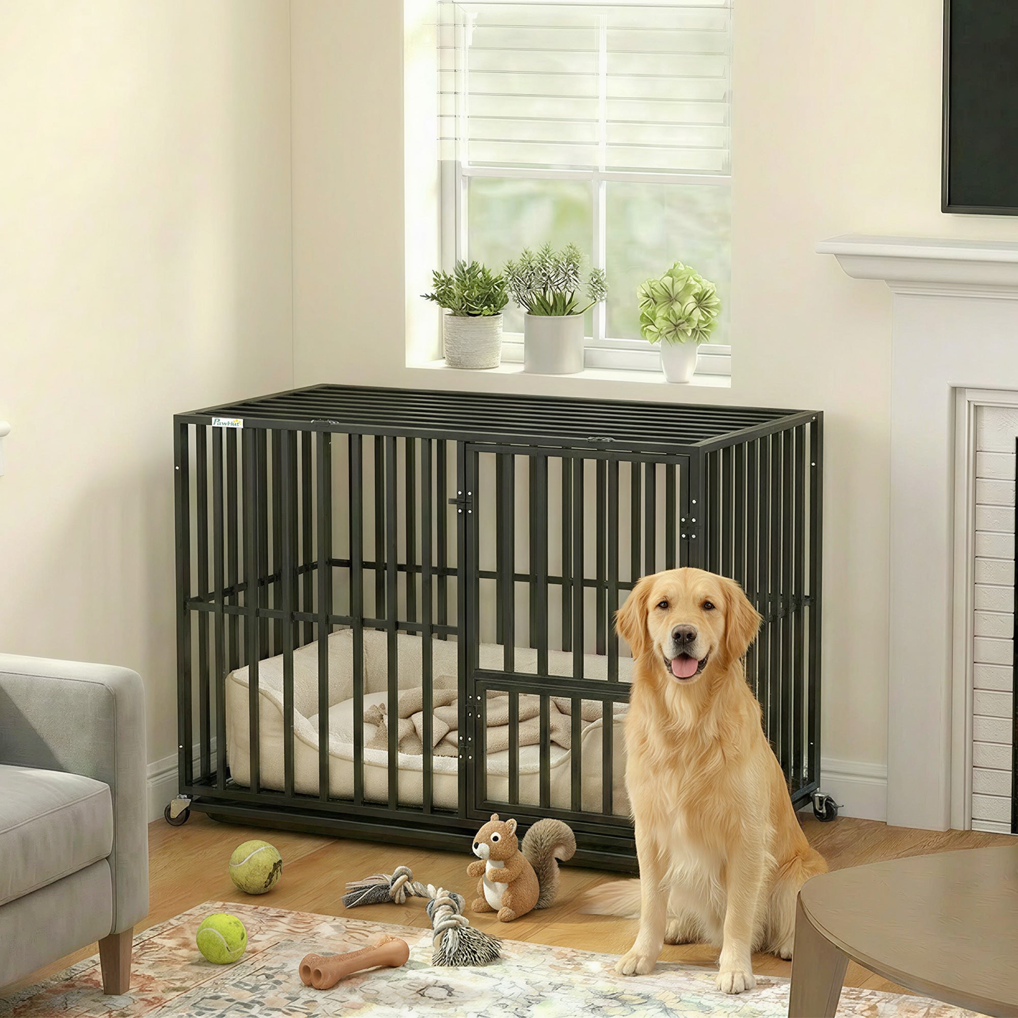 pawhut-cage-chien-robuste-roulettes-avec-plateau-et-dessus-ouvrant-95-x-57-x-81- image 4