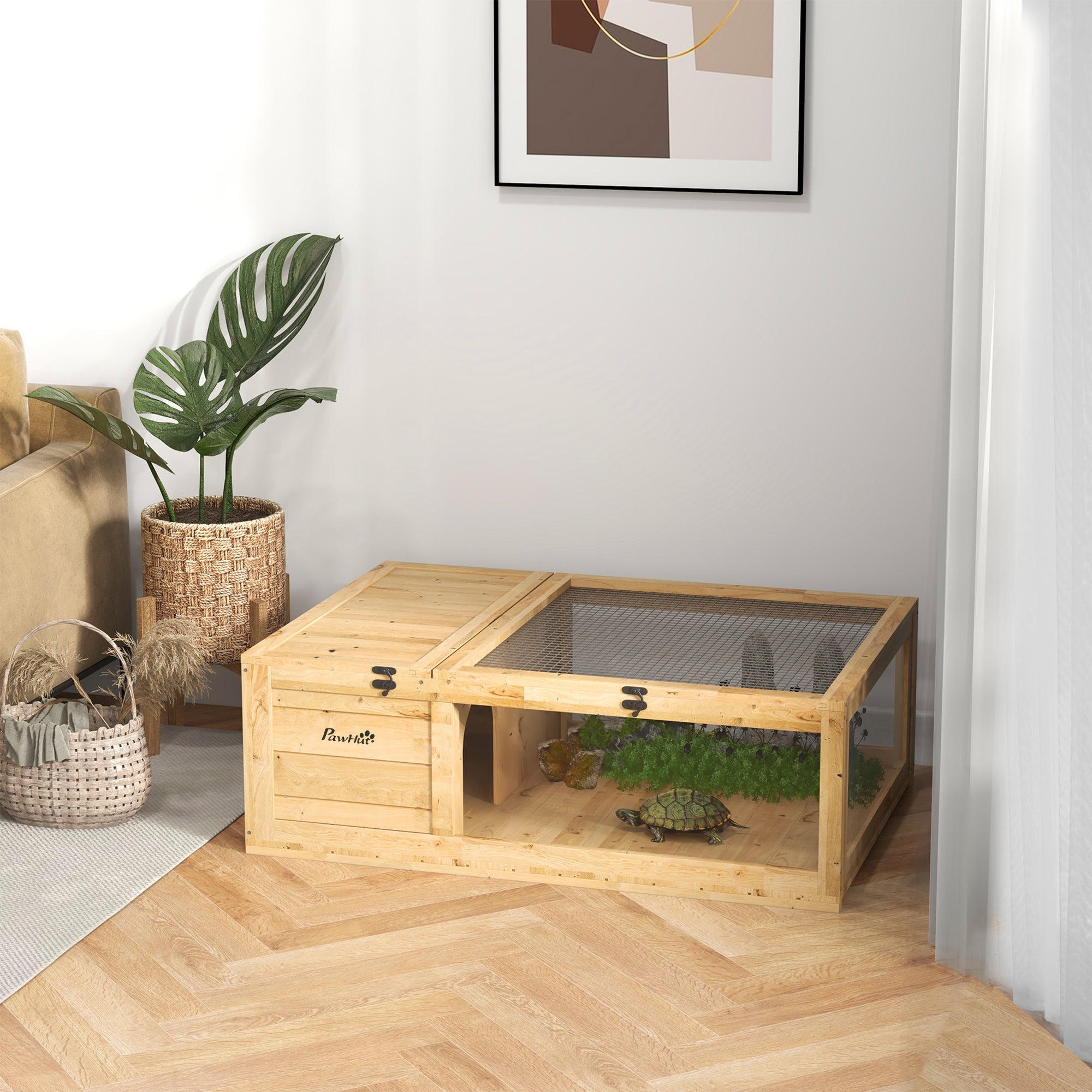 pawhut-maison-tortue-bois-2-pi-ces-enclos-int-rieur-jaune-clair image 3