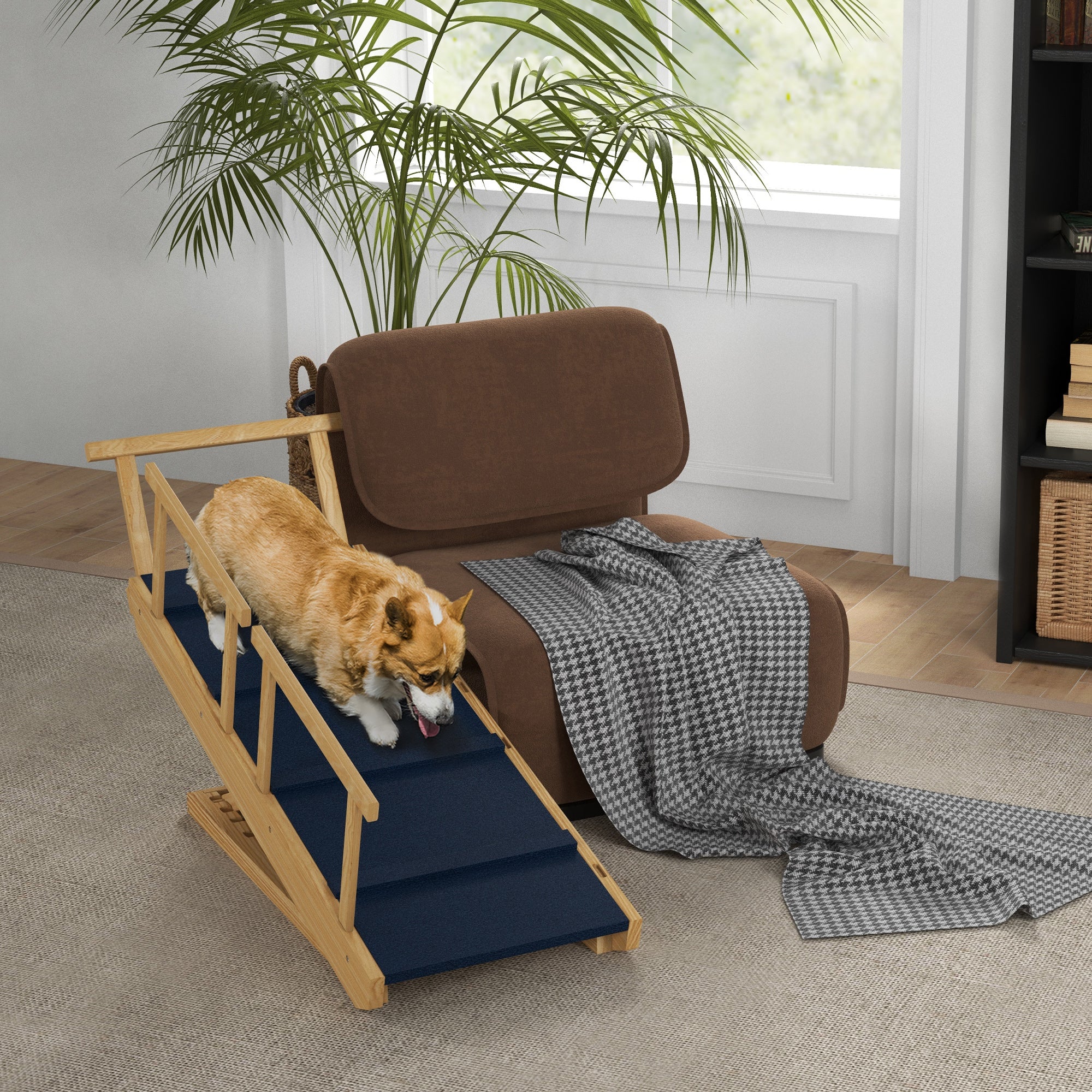 pawhut-rampe-pliable-pour-chien-en-bois-naturel-4-hauteurs-r-glables-tapis-antid image 5