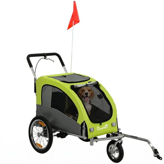 pawhut-remorque-v-lo-et-poussette-2-en-1-pour-chien-avec-suspension-vert image 1