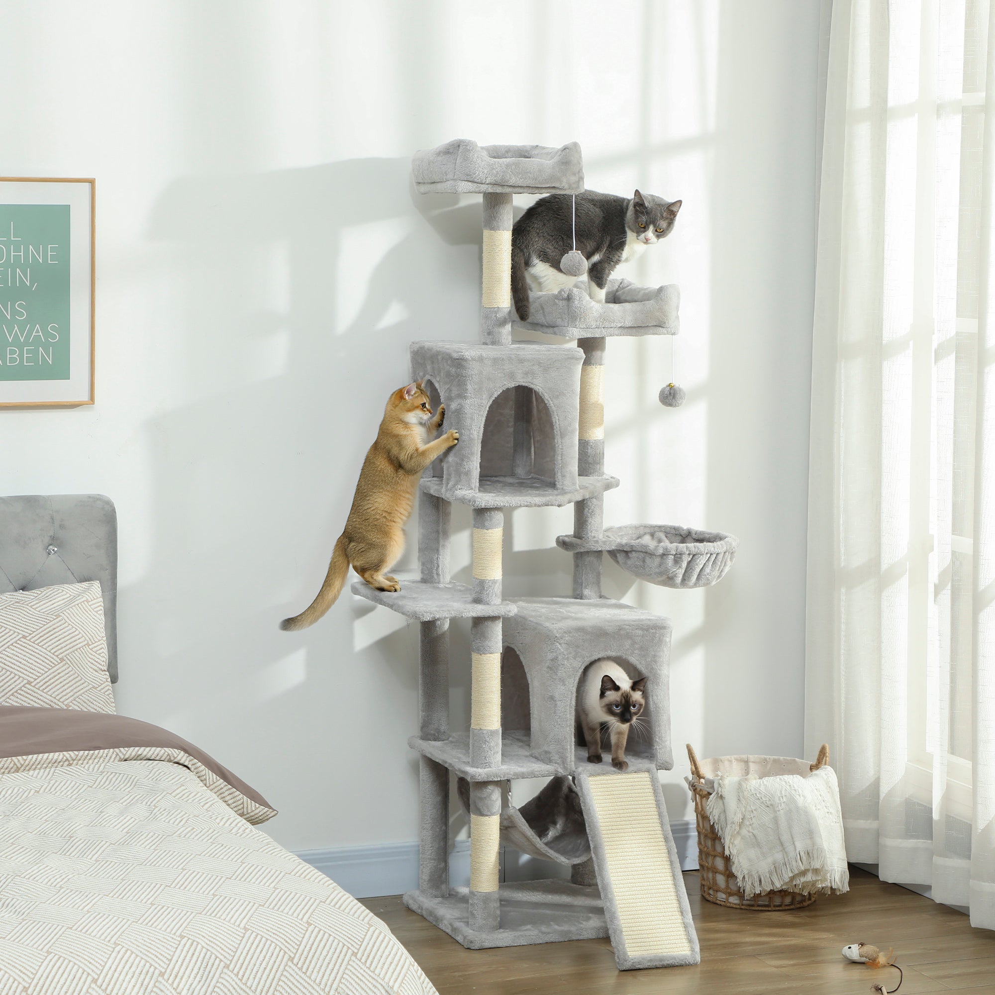 pawhut-arbre-chat-177-cm-avec-2-niches-2-perchoirs-et-hamac-gris-clair image 4