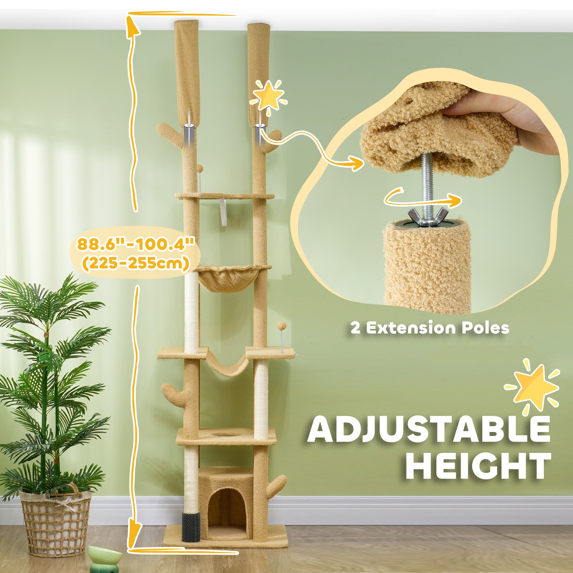 pawhut-arbre-chat-sol-plafond-r-glable-225-254-cm-cactus-avec-brosse-et-hamac-ma image 6