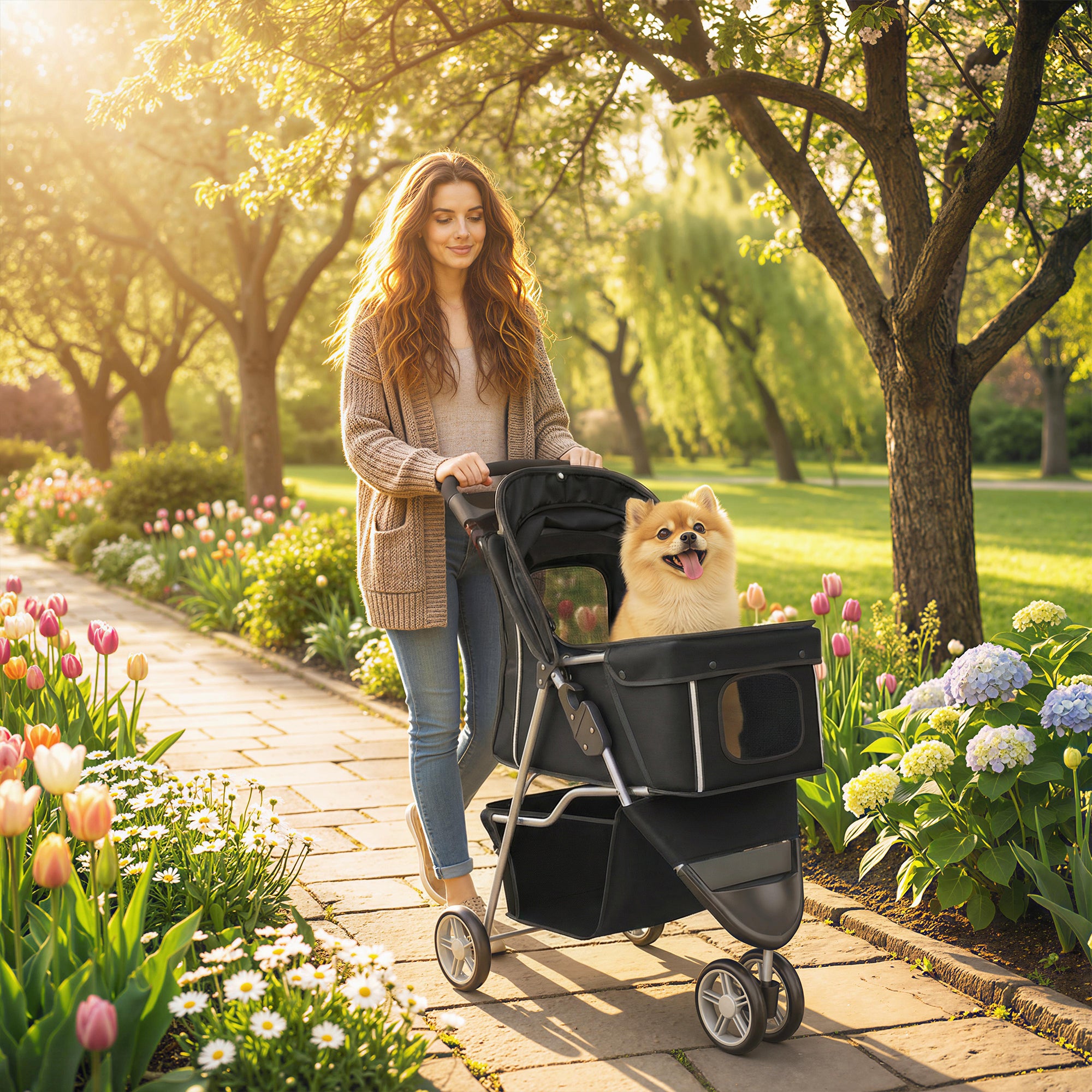 pawhut-poussette-chien-et-chat-pliable-3-roues-avec-porte-gobelet-noir image 3