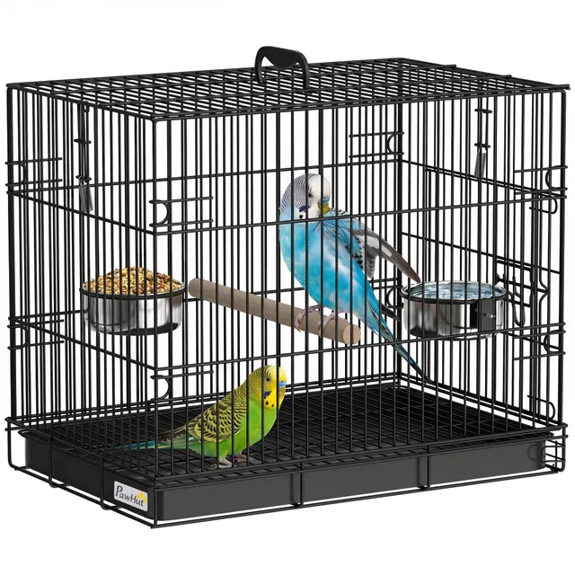 pawhut-cage-de-transport-pour-oiseau-pliable-en-m-tal-noir-perchoir-en-bois-game image 1