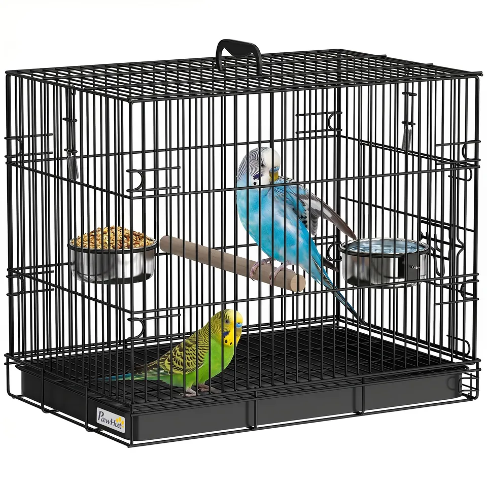 pawhut-cage-de-transport-pour-oiseau-pliable-en-m-tal-noir-perchoir-en-bois-game image 1