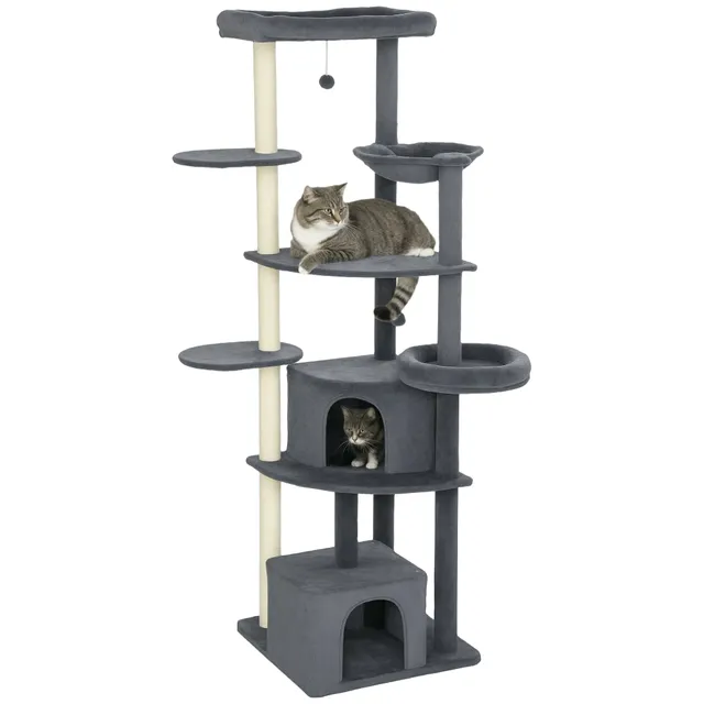 pawhut-arbre-chat-xxl-200-cm-gris-fonc-avec-2-grottes-2-perchoirs-et-hamac image 1