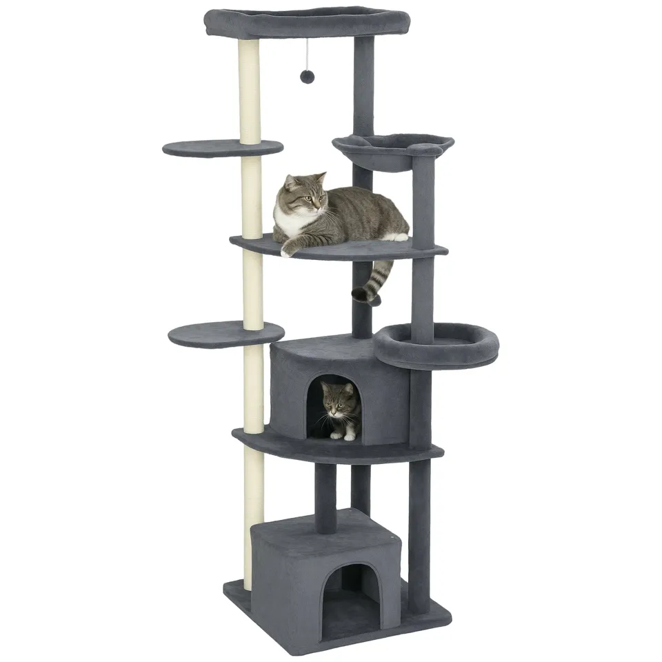 pawhut-arbre-chat-xxl-200-cm-gris-fonc-avec-2-grottes-2-perchoirs-et-hamac image 1