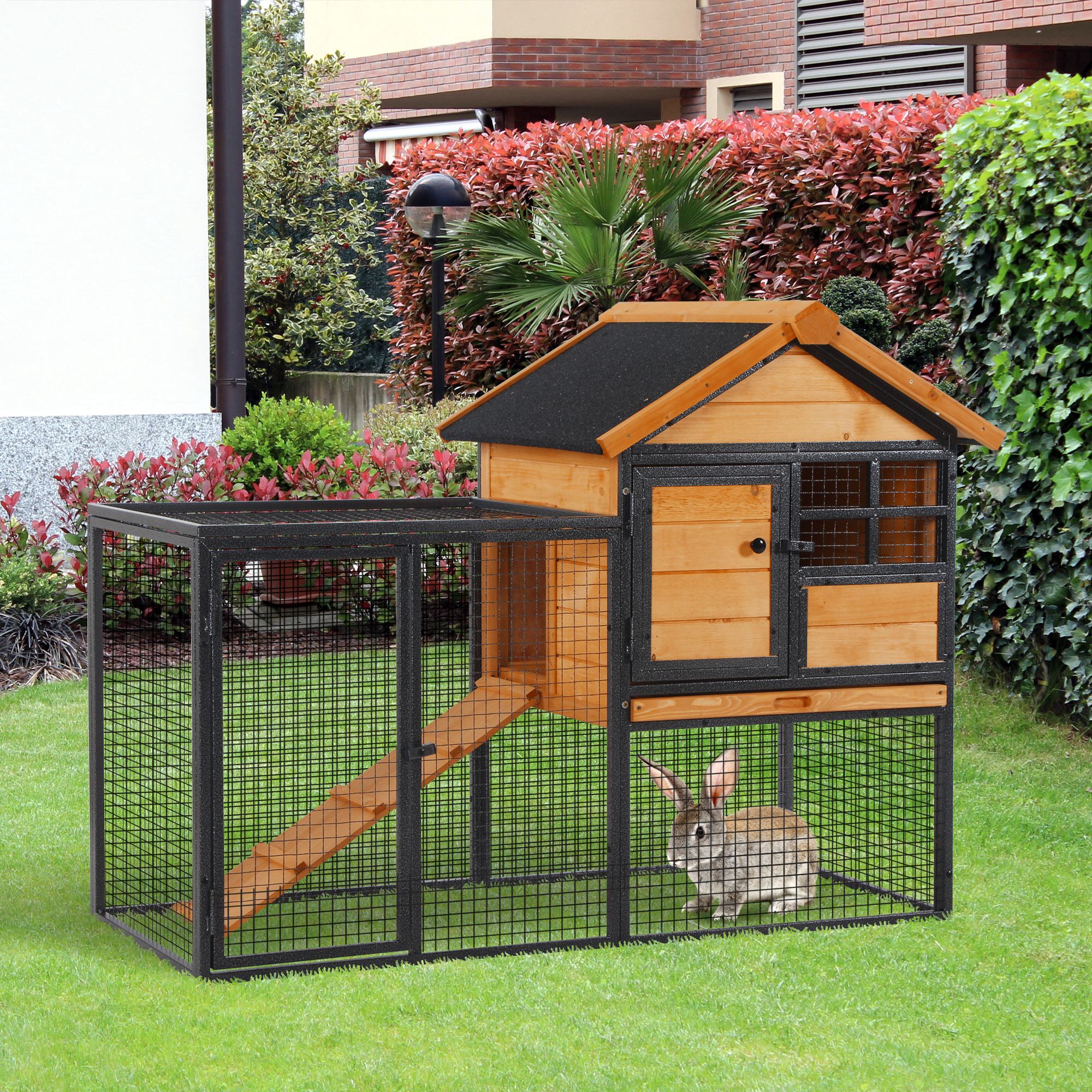 pawhut-clapier-lapins-2-niveaux-48-avec-enclos-habitat-bois-pour-lapins-poules-c image 5