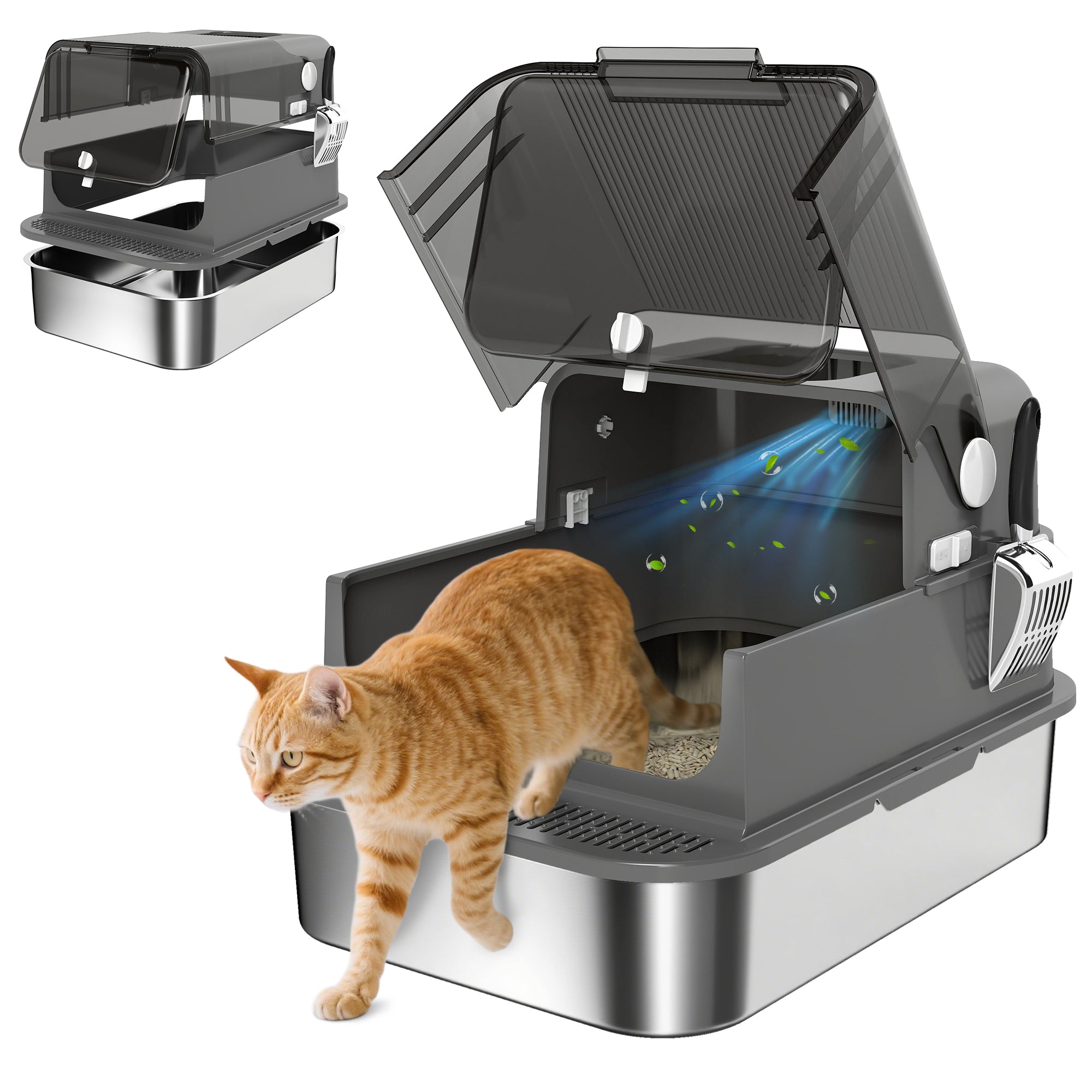 pawhut-bac-liti-re-chat-inox-xxl-ferm-avec-couvercle-70-cm-noir image 1