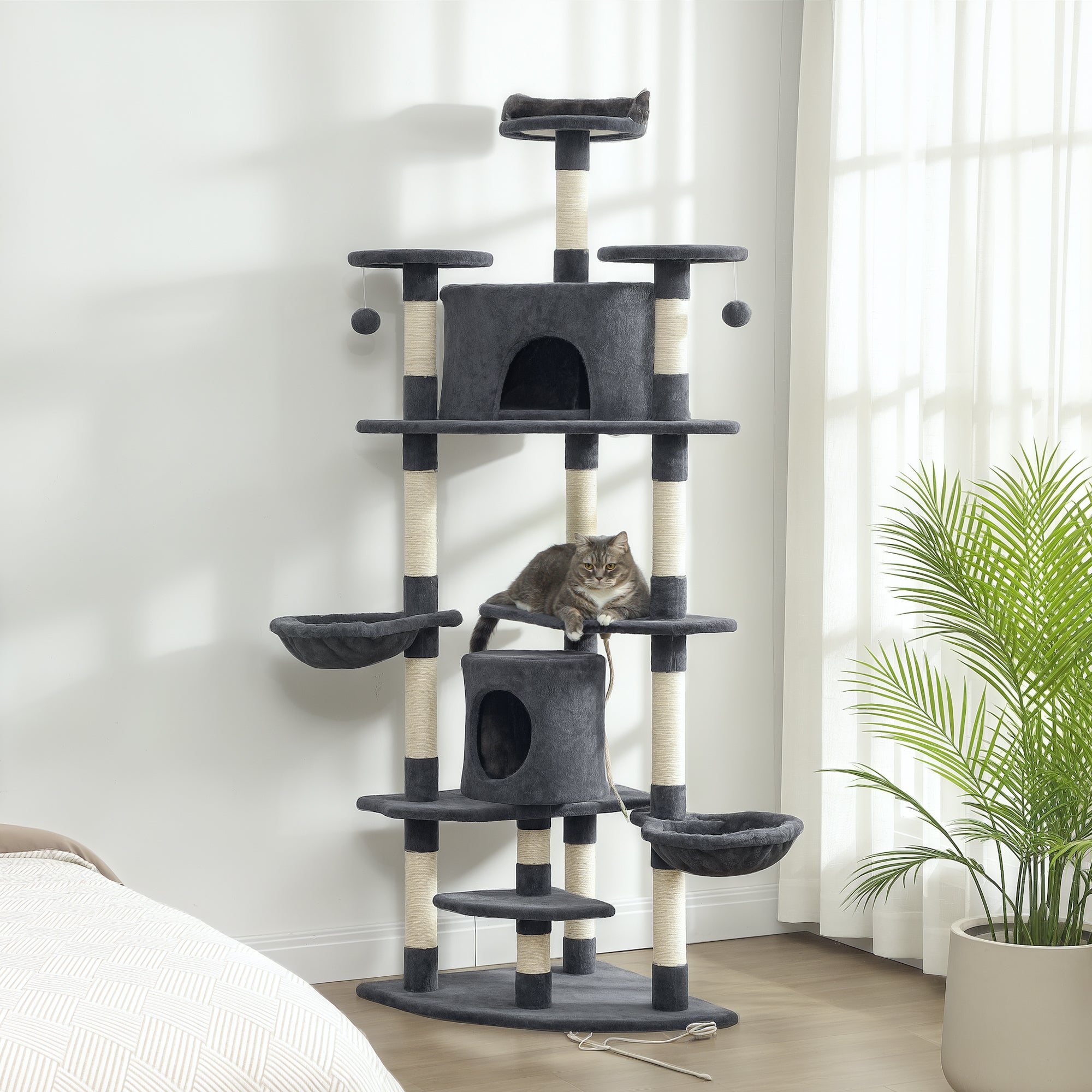 pawhut-arbre-chat-tour-200-cm-avec-niche-2-hamacs-gris-fonc image 3