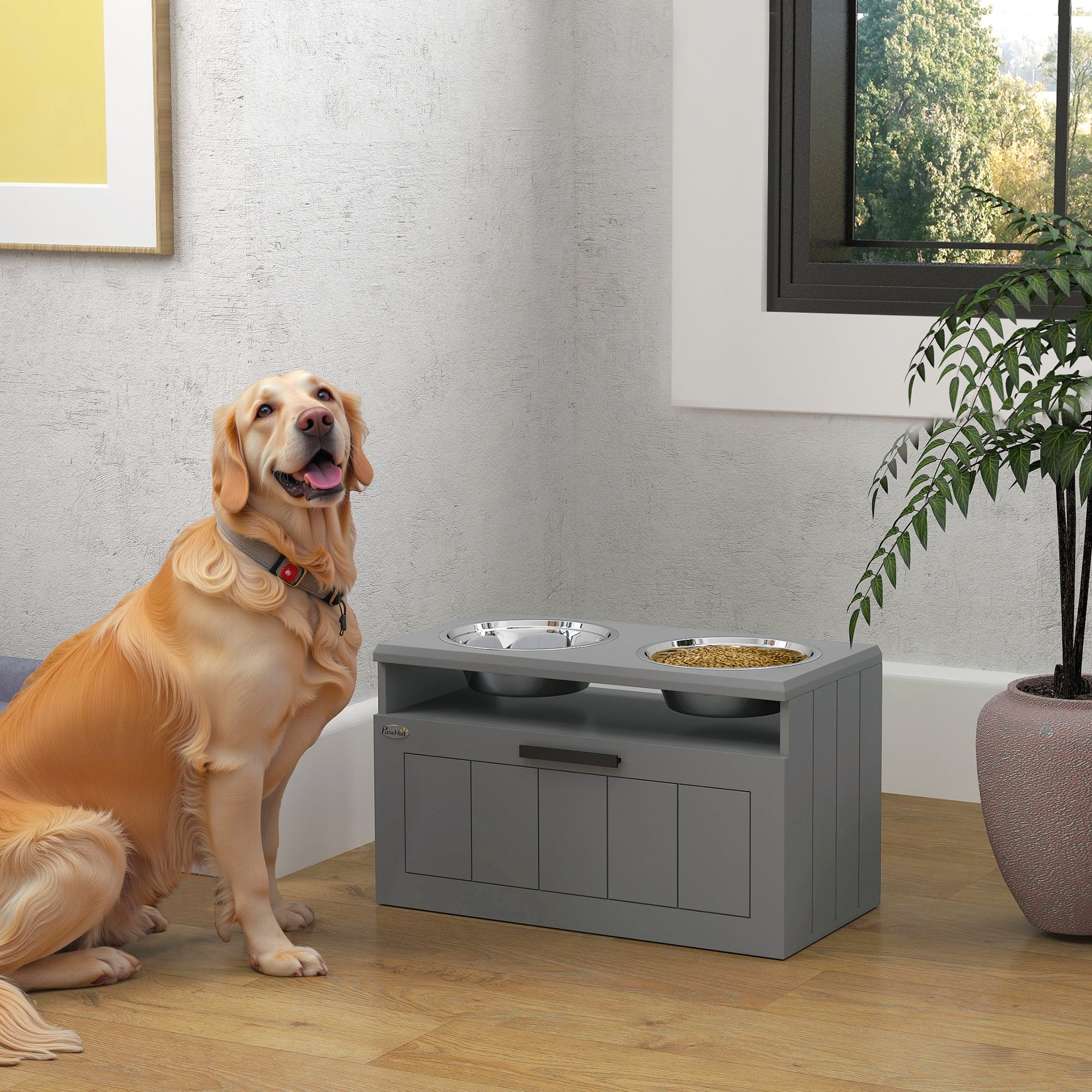 pawhut-station-d-alimentation-sur-lev-e-grise-2-bols-inox-tiroir-25l-et-tapis-sl image 4