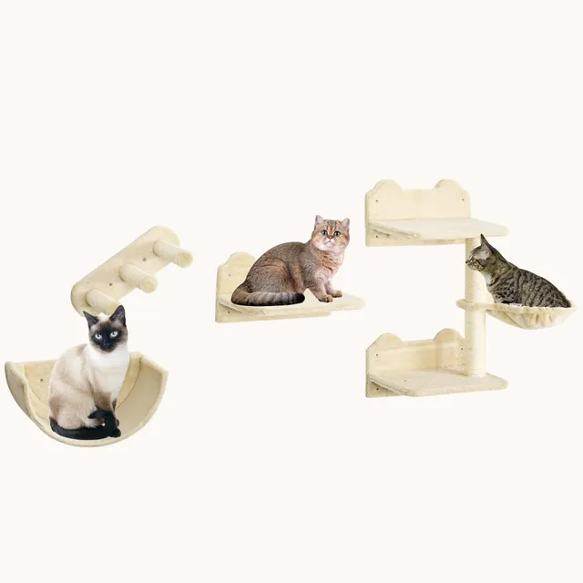 pawhut-tag-res-murales-pour-chat-4-pi-ces-avec-hamac-perchoirs-et-griffoir-beige image 1