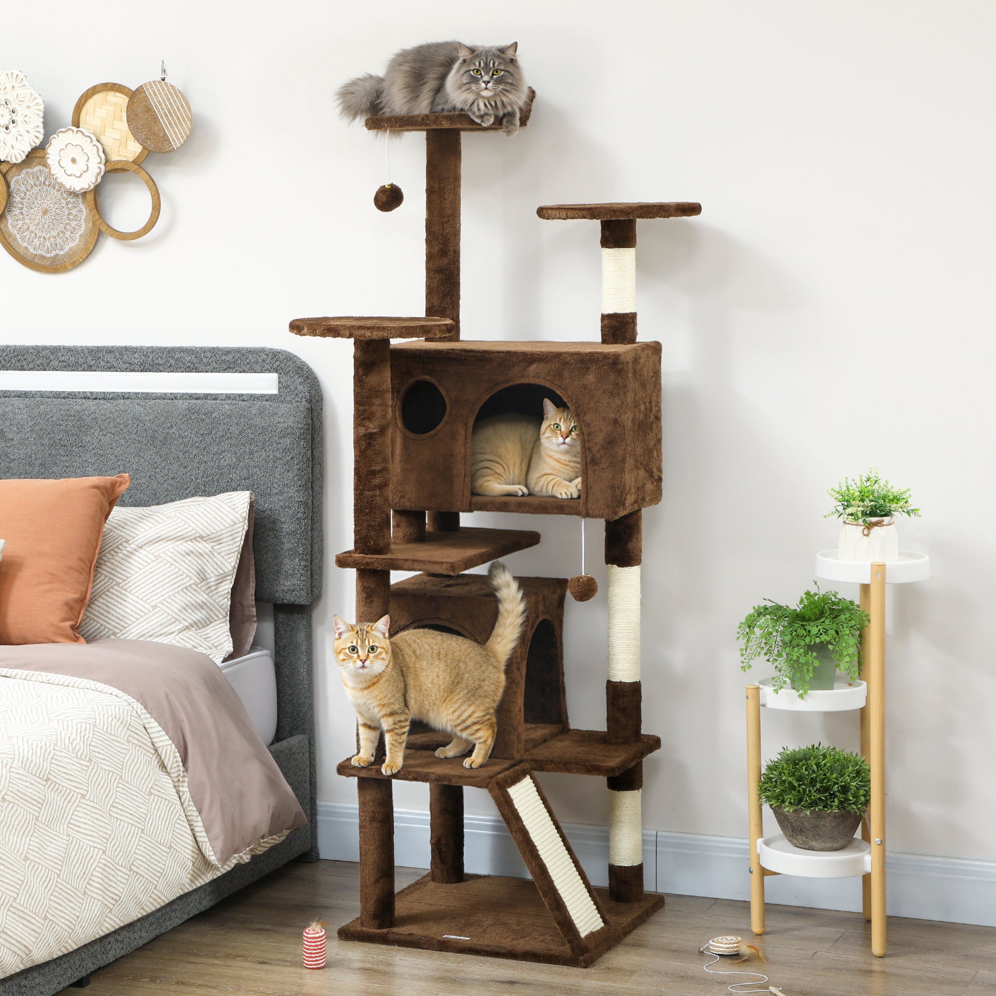 pawhut-arbre-chat-63-avec-condos-lit-rampe-et-griffoirs-marron-clair image 4