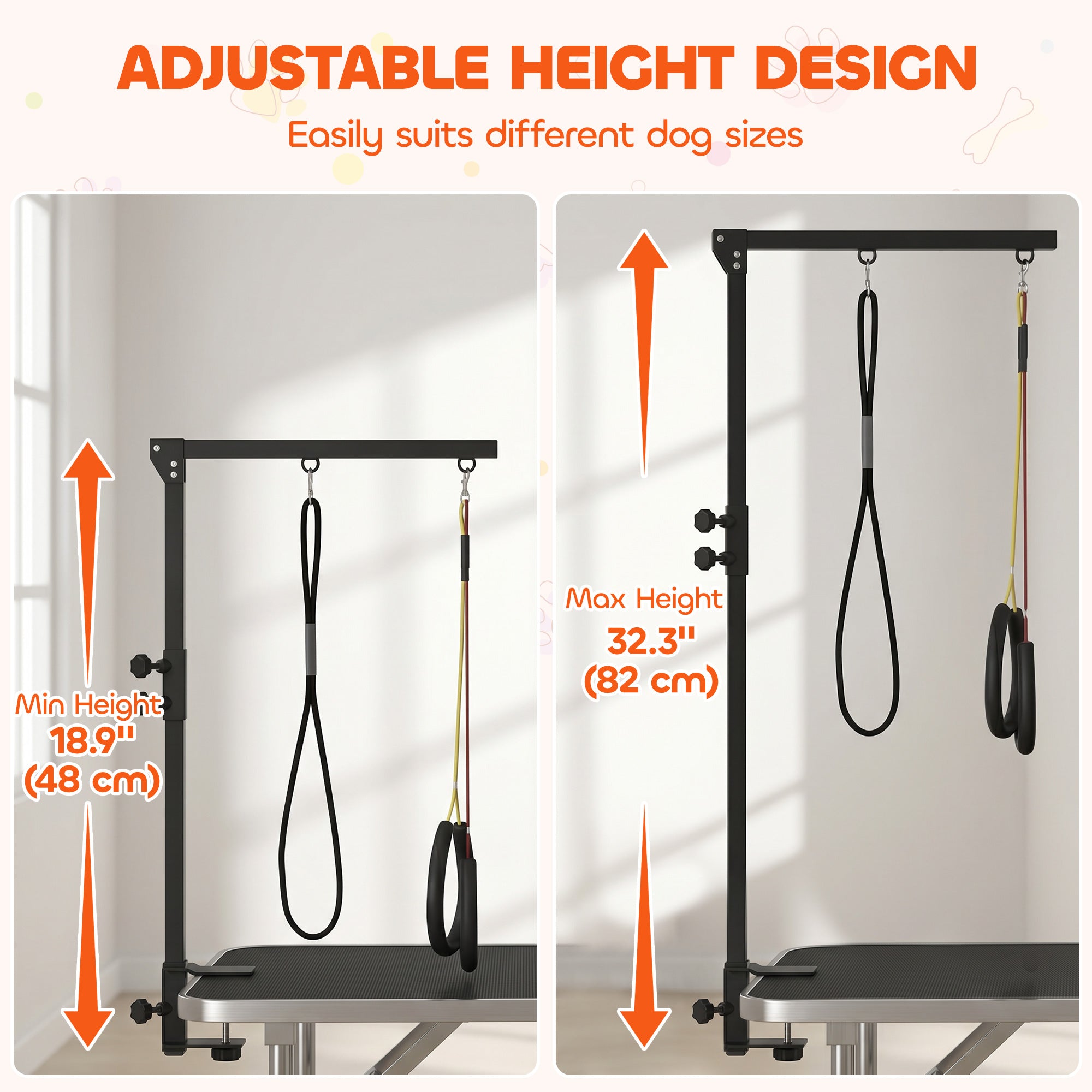 pawhut-bras-de-toilettage-r-glable-48-82-cm-avec-pince-et-2-laisse-noir image 7