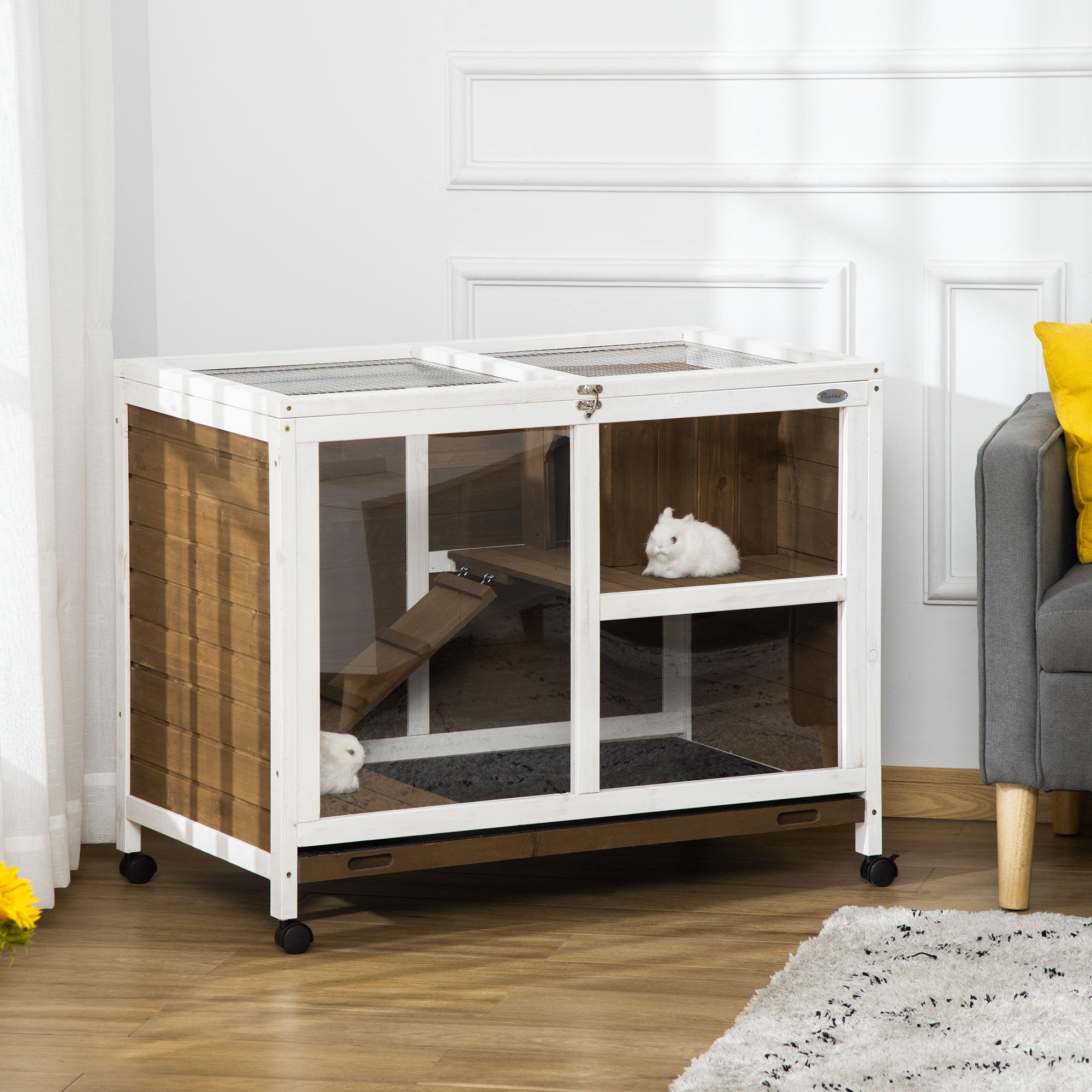 pawhut-cage-pour-petit-animal-en-bois-2-tages-toit-ouvrant-mobile-marron image 3