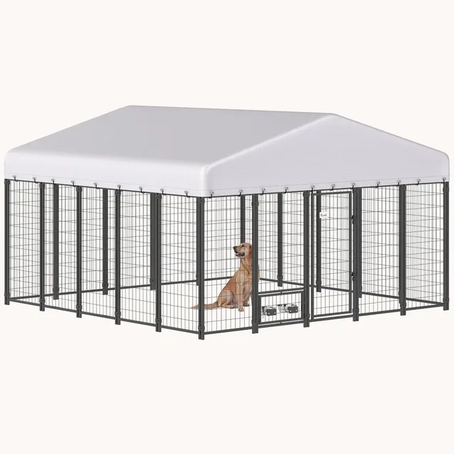 pawhut-chenil-s-curis-pour-chien-9-8-x-9-8-x-6-avec-toit-anti-uv-et-mangeoire-ro image 1