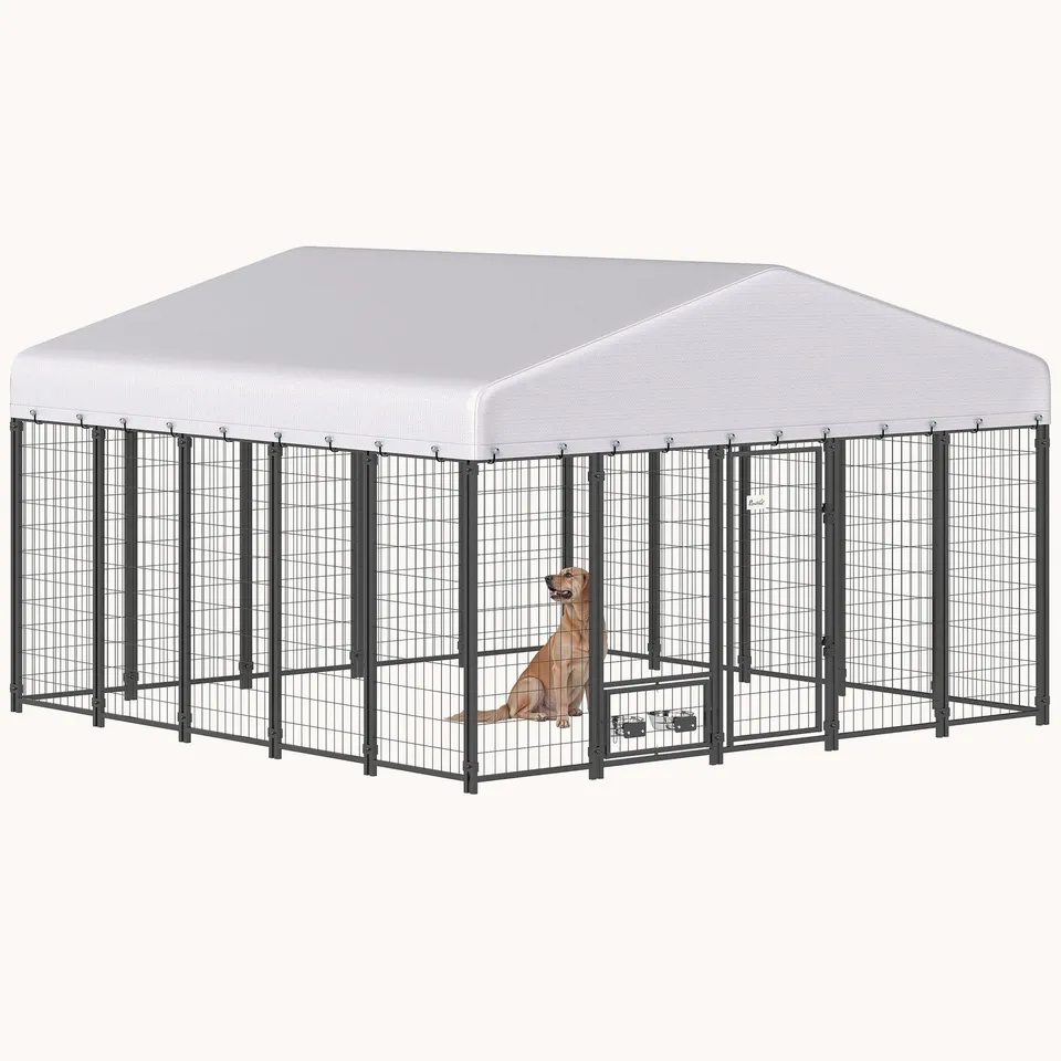pawhut-chenil-s-curis-pour-chien-9-8-x-9-8-x-6-avec-toit-anti-uv-et-mangeoire-ro image 1