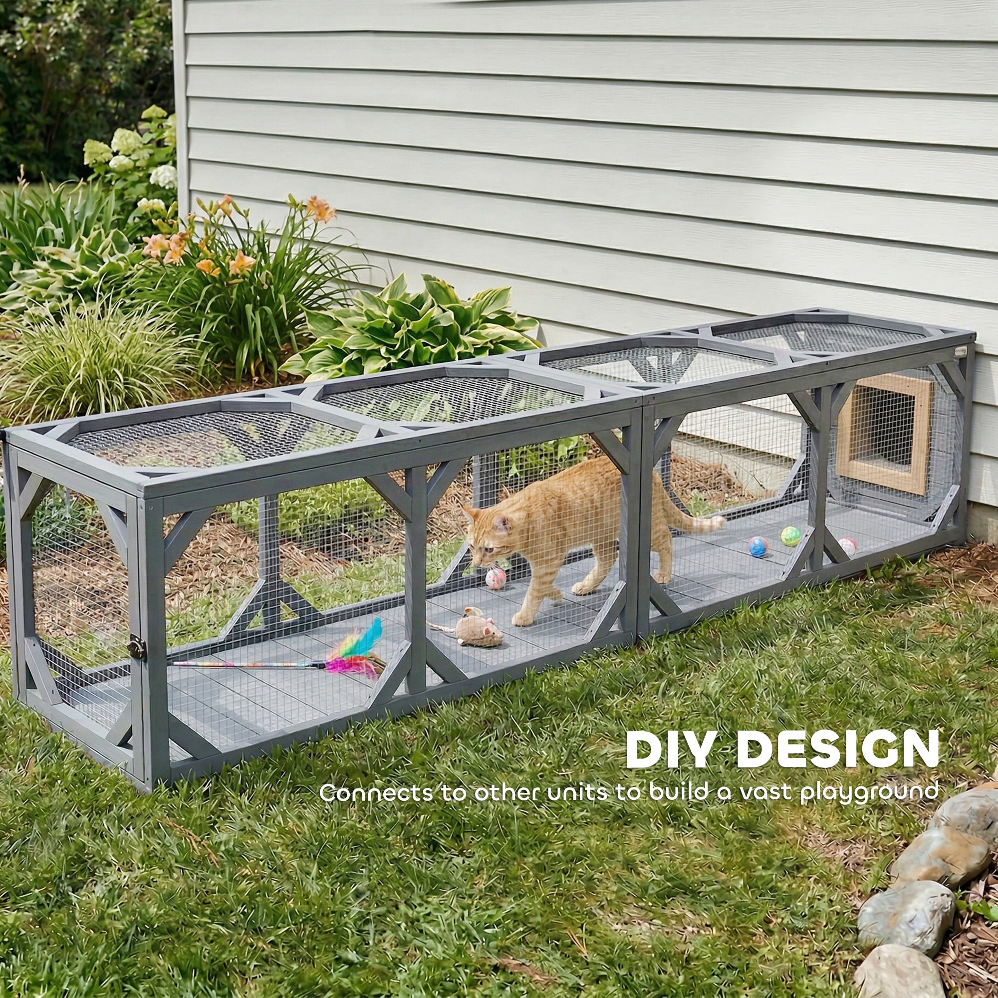 pawhut-tunnel-chat-mural-catio-bois-2-portes-extensible-gris image 8