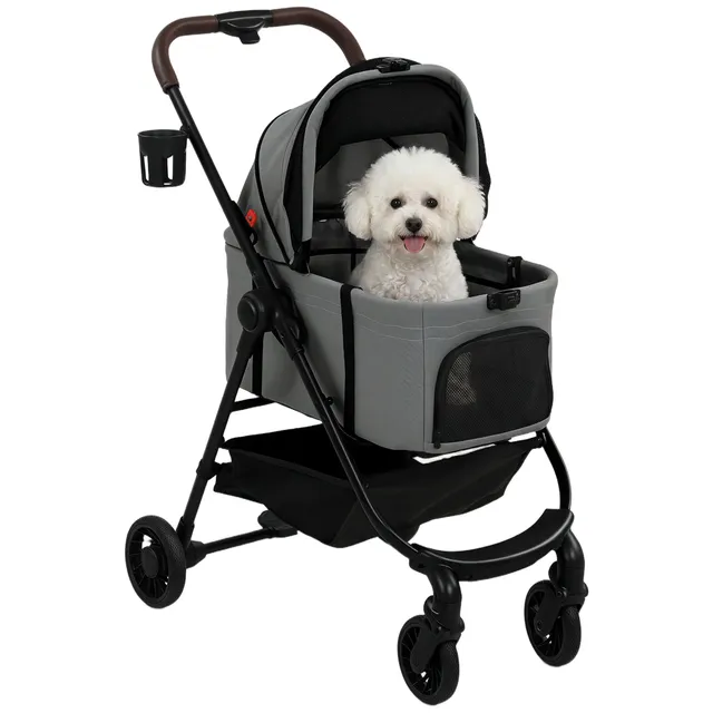 pawhut-poussette-pour-animaux-pliante-3-en-1-avec-porte-b-b-d-tachable-gris image 1