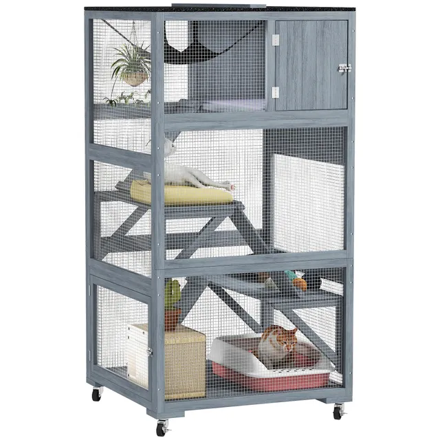 pawhut-catio-ext-rieur-sur-roulettes-66-avec-condo-hamac-et-plateformes-gris image 1