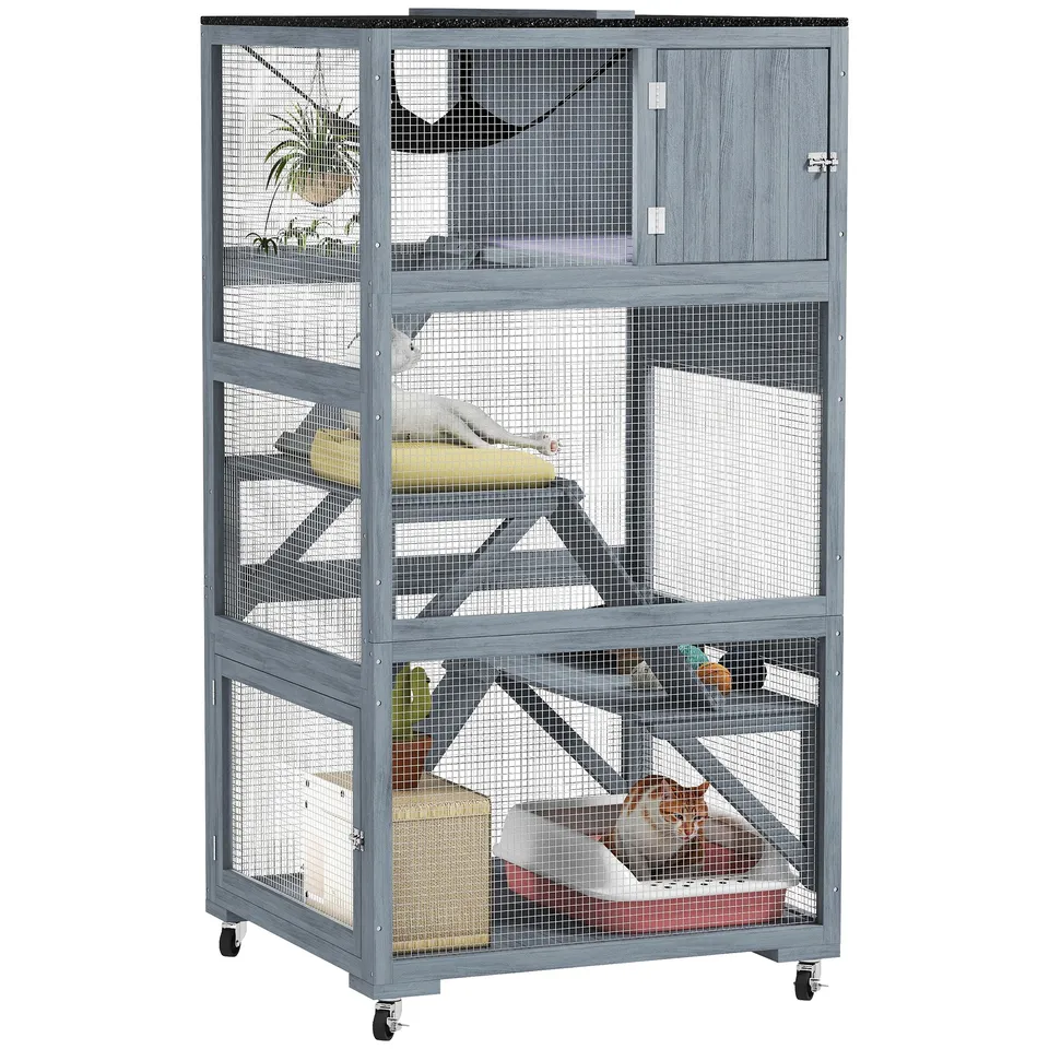 pawhut-catio-ext-rieur-sur-roulettes-66-avec-condo-hamac-et-plateformes-gris image 1