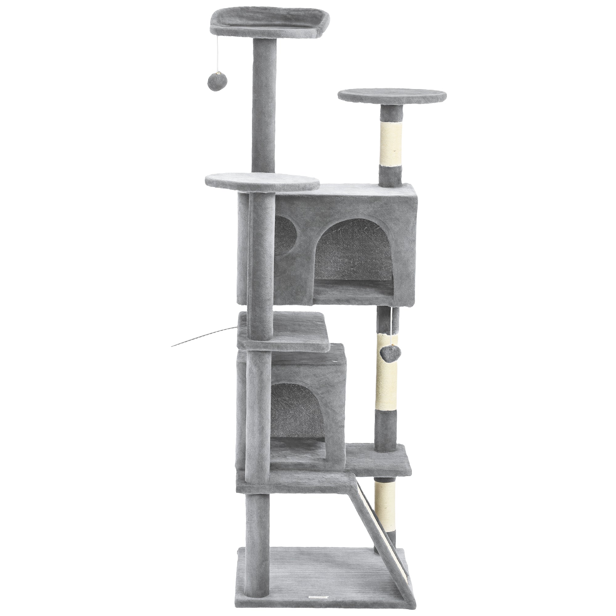 pawhut-arbre-chat-160-cm-avec-grifoire-rampe-deux-cabanes-et-panier-gris-clair image 2