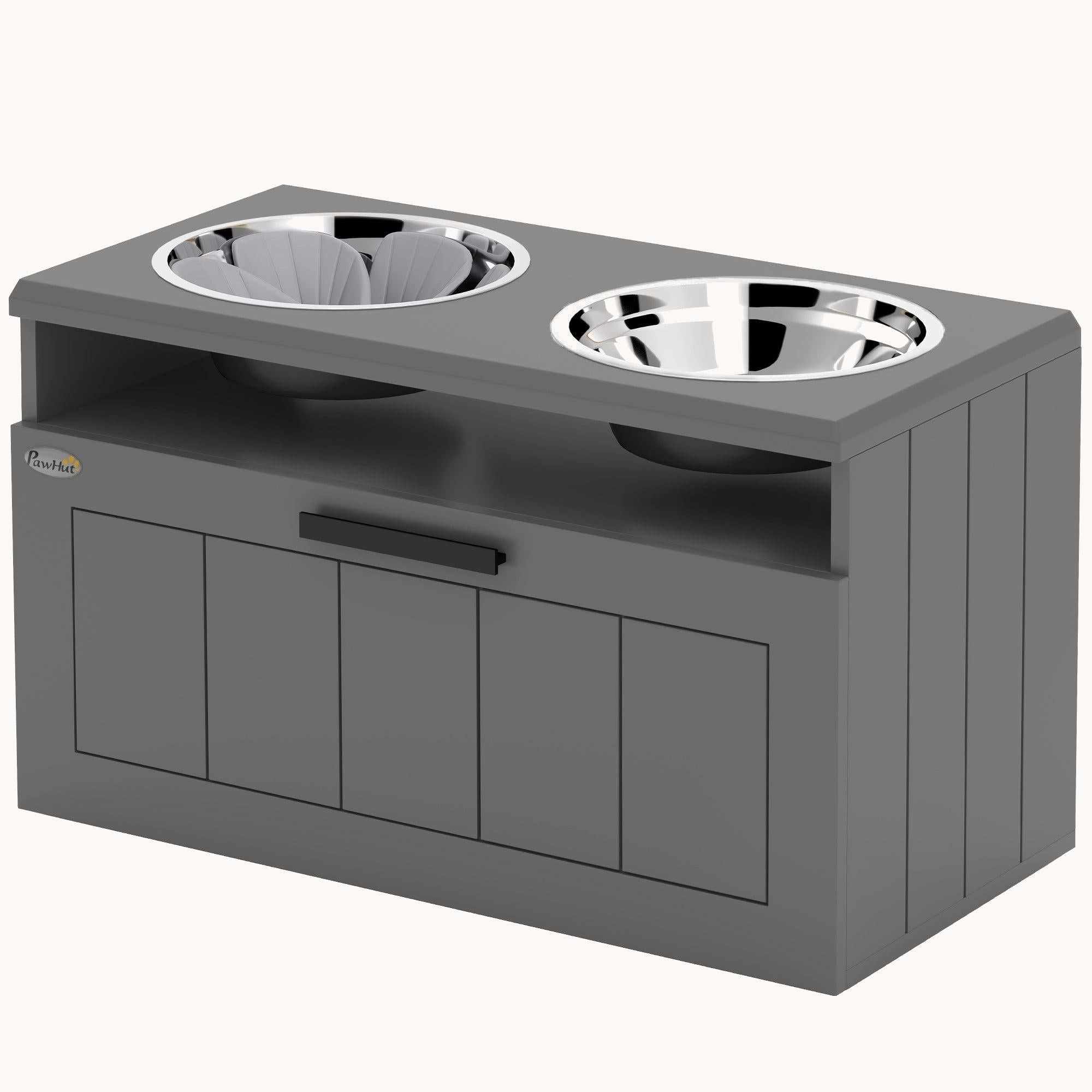 pawhut-station-d-alimentation-sur-lev-e-grise-2-bols-inox-tiroir-25l-et-tapis-sl image 2
