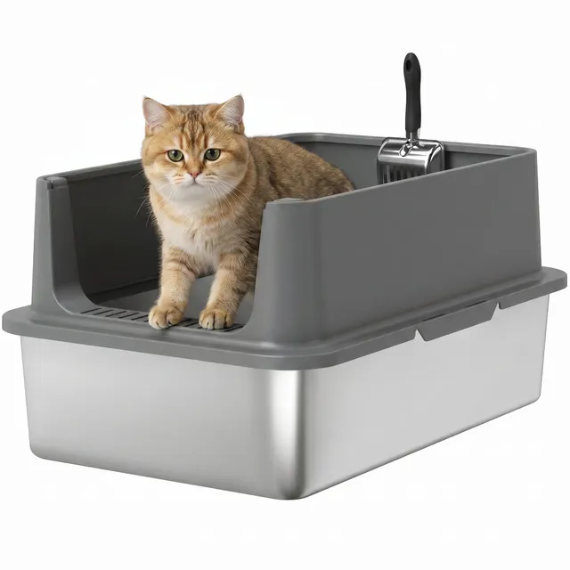 pawhut-bac-liti-re-chat-xl-inox-avec-pelle-et-parois-hautes-gris-fonc image 1
