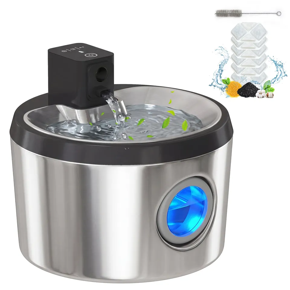 pawhut-fontaine-eau-sans-fil-4l-inox-avec-d-tecteur-de-mouvement-6-filtres image 1