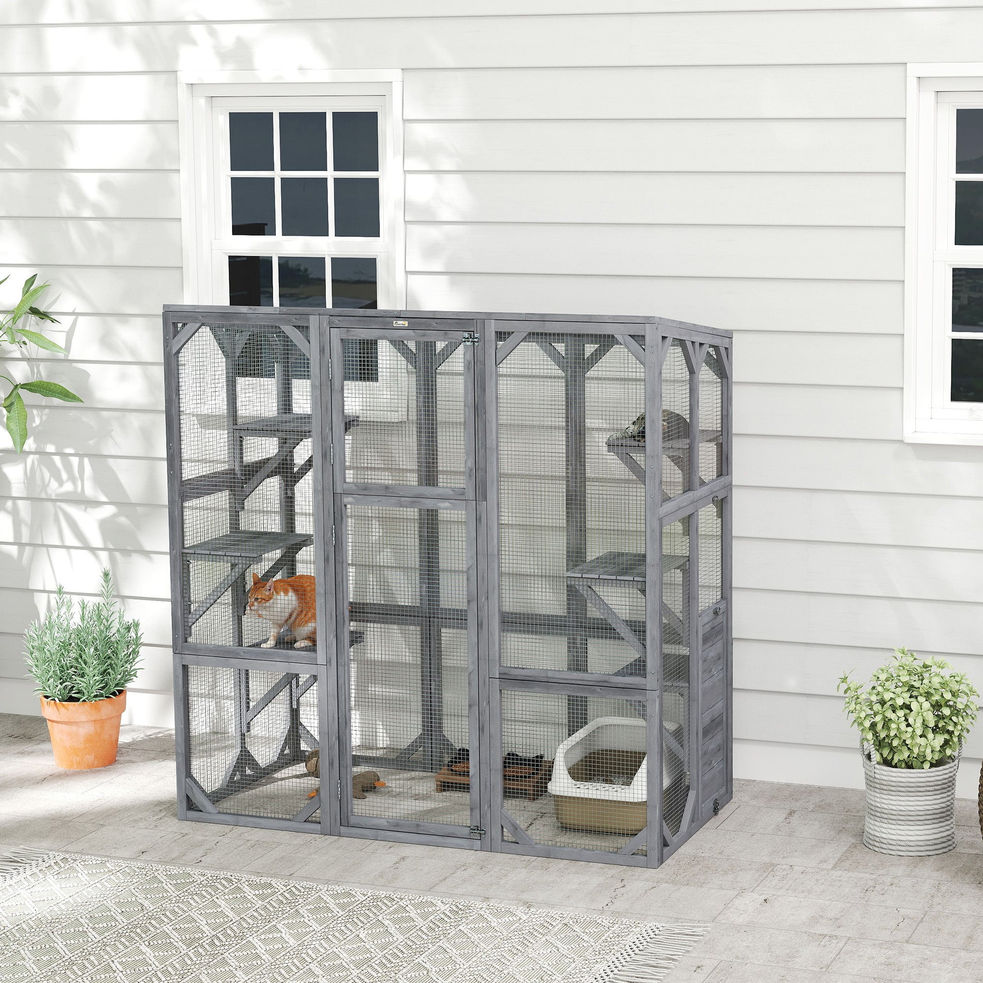 pawhut-catio-ext-rieur-avec-6-plateformes-grande-porte-et-toit-tanche-gris image 4