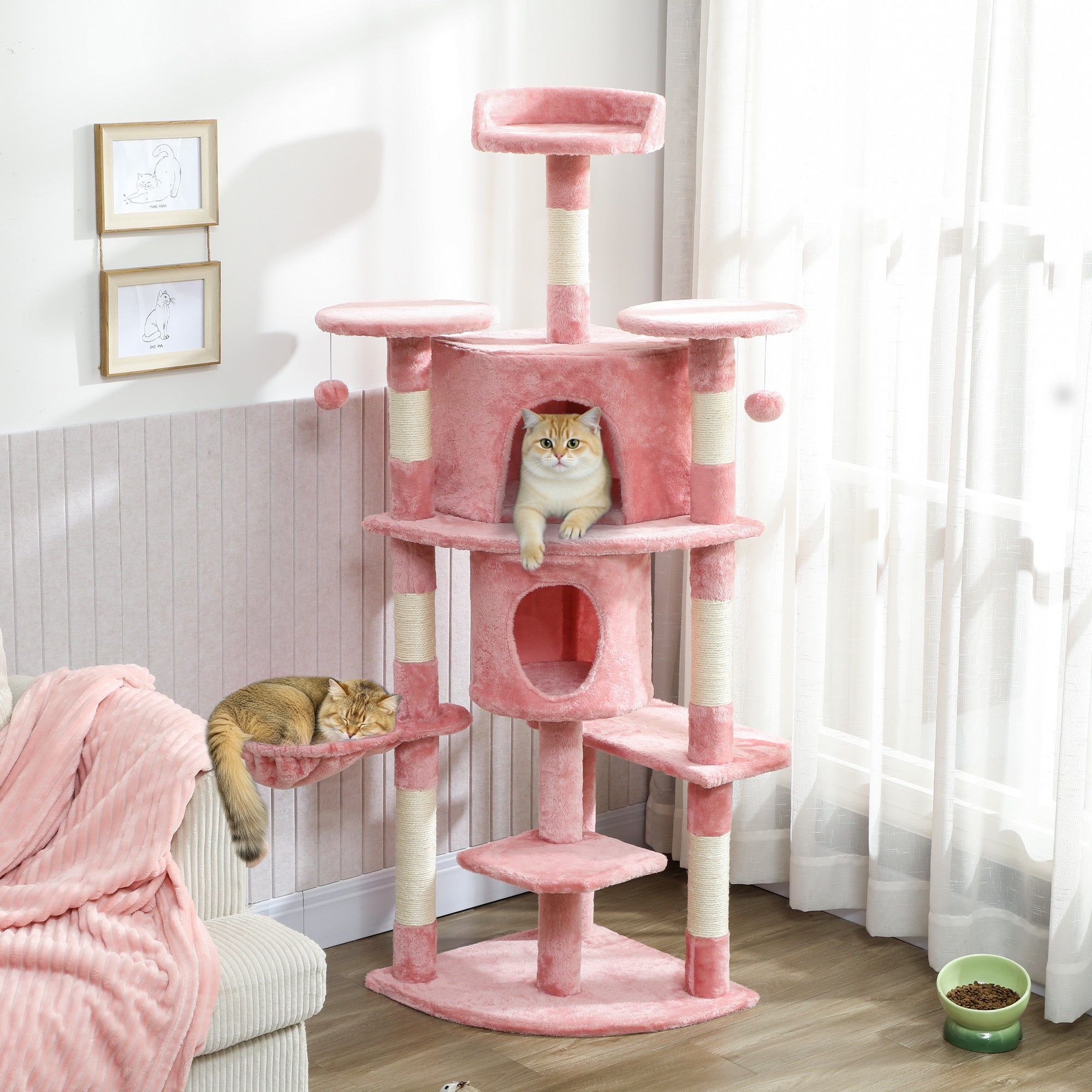 pawhut-arbre-chat-157-cm-2-niches-hamac-et-perchoirs-rose image 3