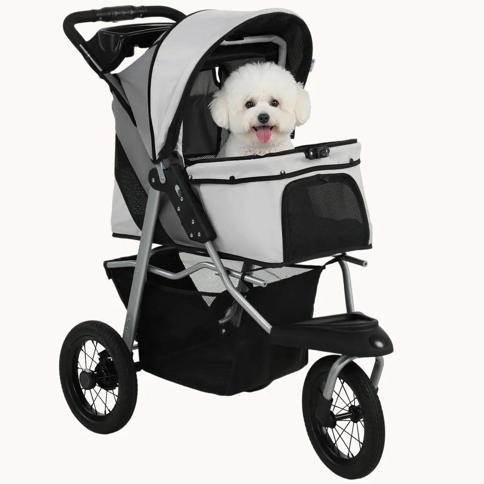 pawhut-poussette-chien-3-roues-pliable-12-jusqu-10-kg-gris-clair image 1