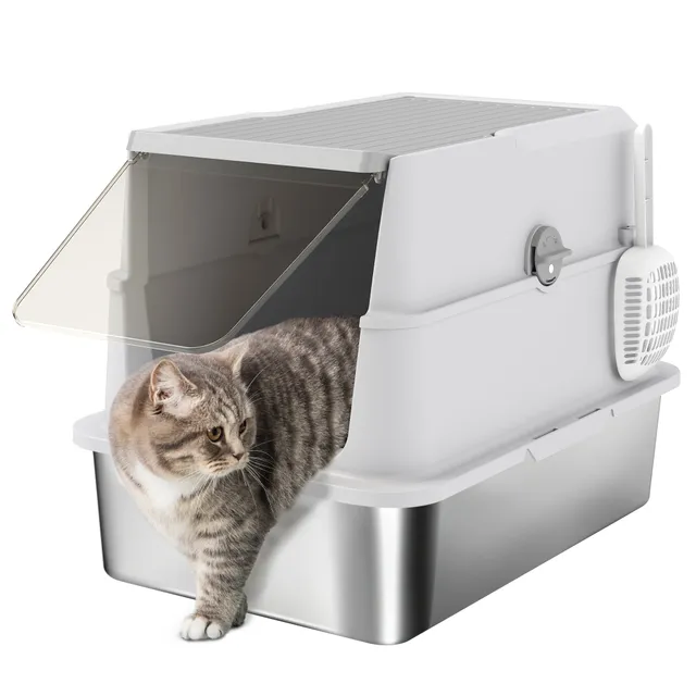pawhut-bac-liti-re-pour-chat-xl-ferm-en-inox-avec-d-sodorisant image 1