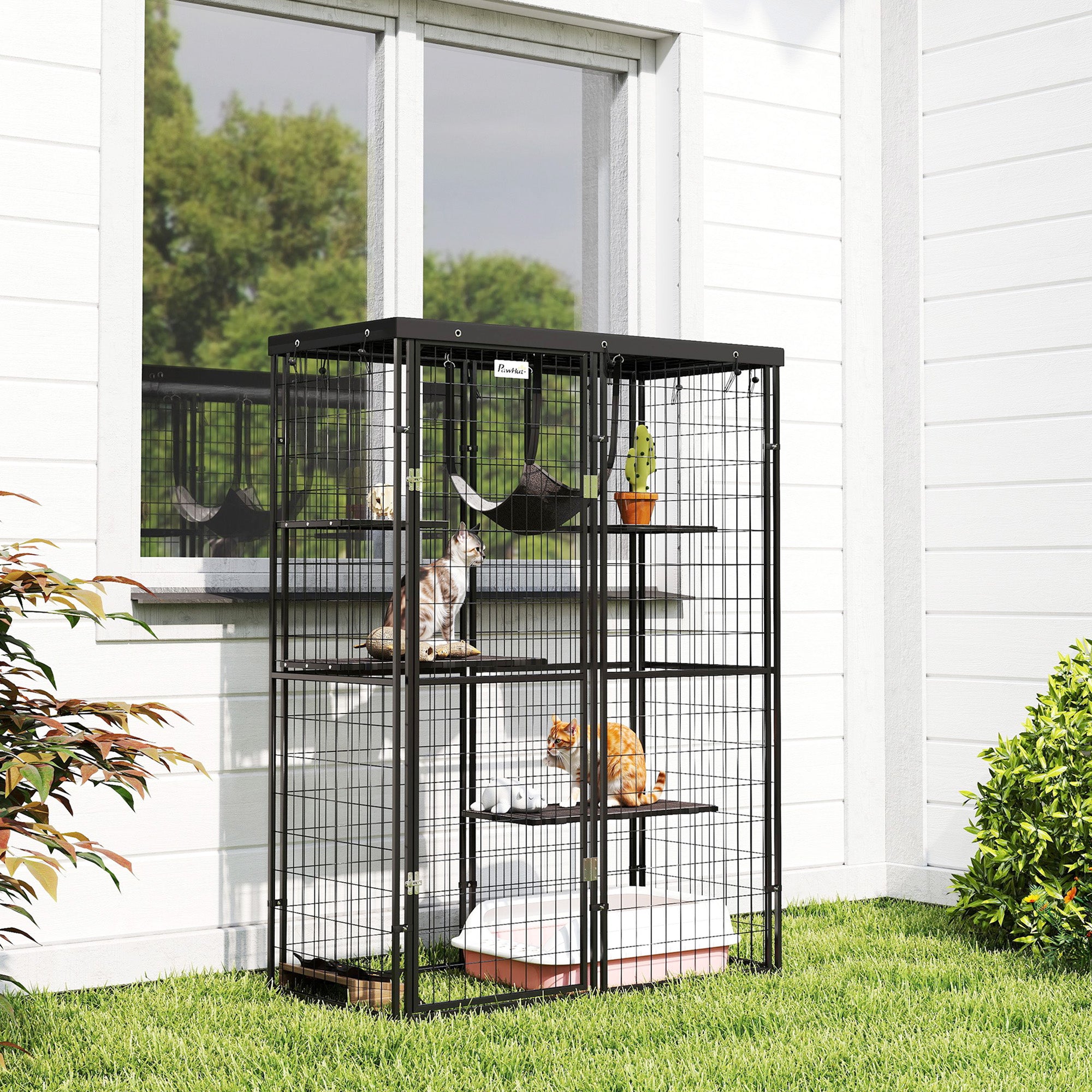 pawhut-catio-enclos-ext-rieur-pour-chat-noir-avec-4-plateformes-hamac-et-housse image 4