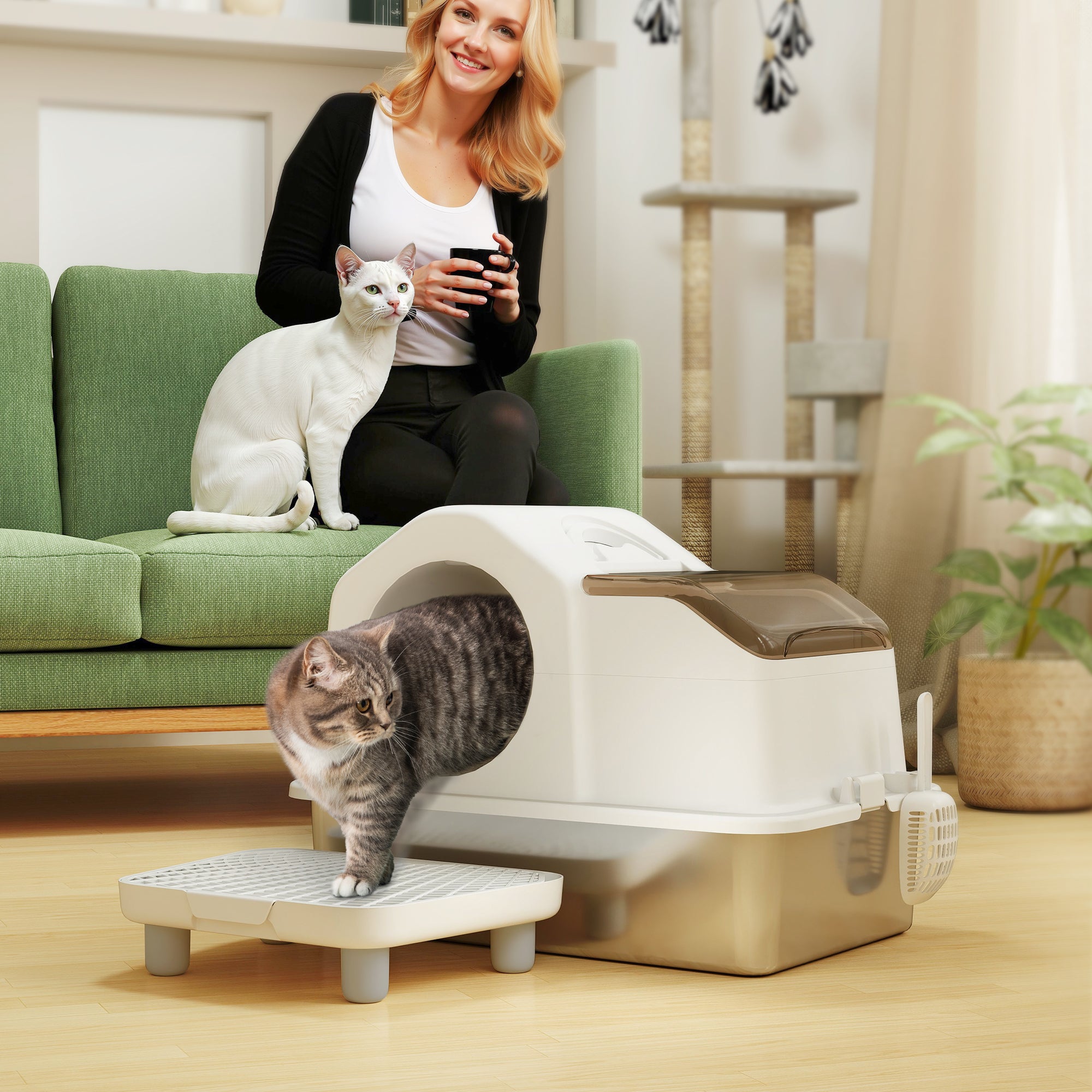 pawhut-bac-liti-re-chat-inox-avec-couvercle-amovible-tapis-et-pelle-blanc-60-5-x image 4