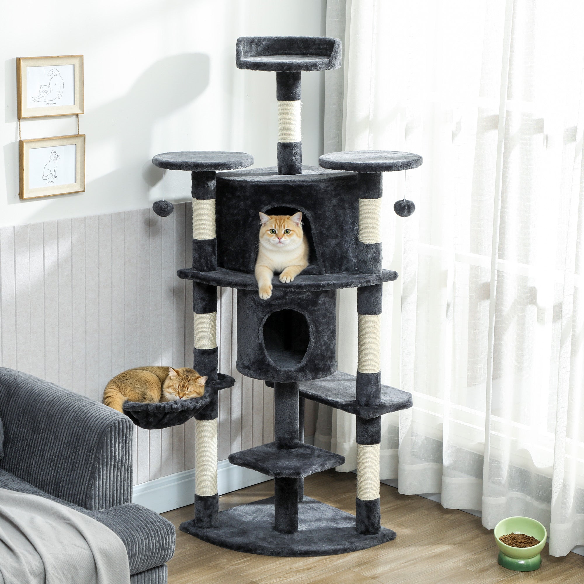 pawhut-arbre-chat-157-cm-2-niches-hamac-et-perchoirs-gris-fonc image 3