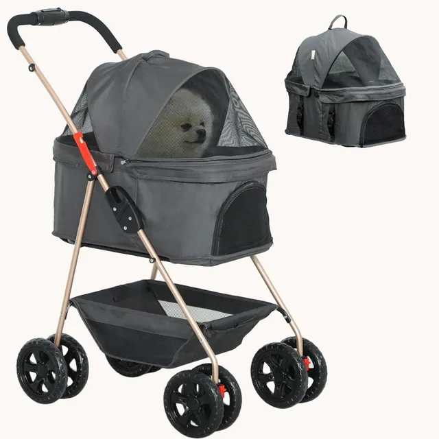pawhut-poussette-chien-3-en-1-cabine-d-tachable-pour-mini-animaux-gris image 1
