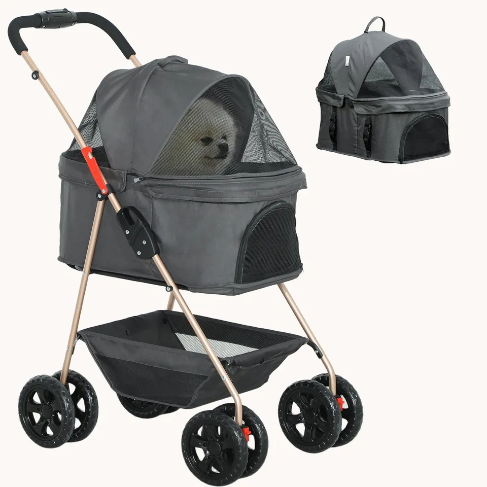 pawhut-poussette-chien-3-en-1-cabine-d-tachable-pour-mini-animaux-gris image 1