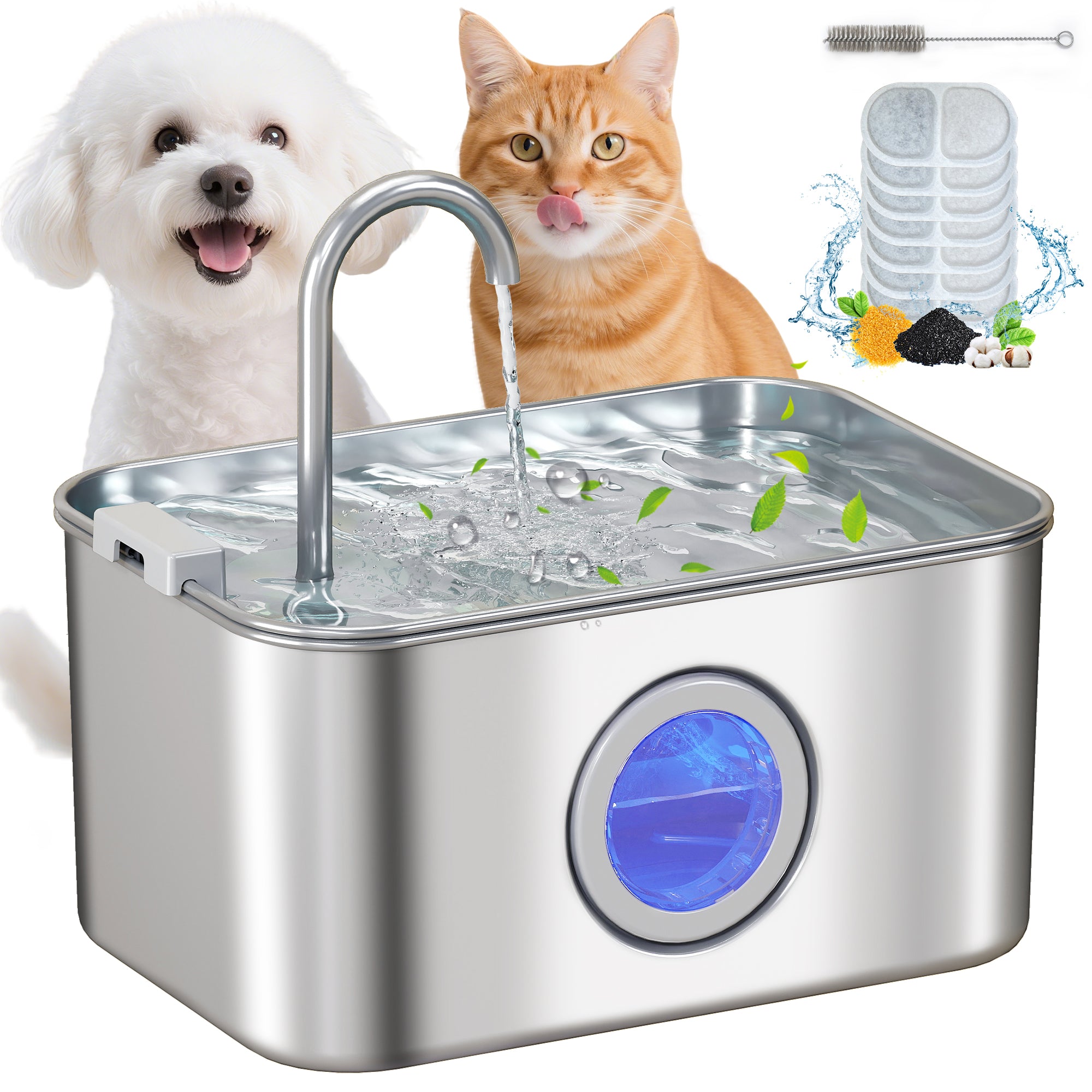 pawhut-fontaine-eau-chat-inox-3-2-l-niveau-visible-pompe-silencieuse image 1