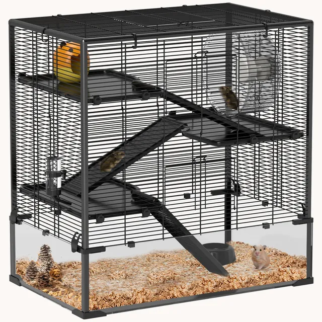 pawhut-cage-hamster-4-tages-fond-verre-tremp-31x19x31-5-pouces-noire image 1
